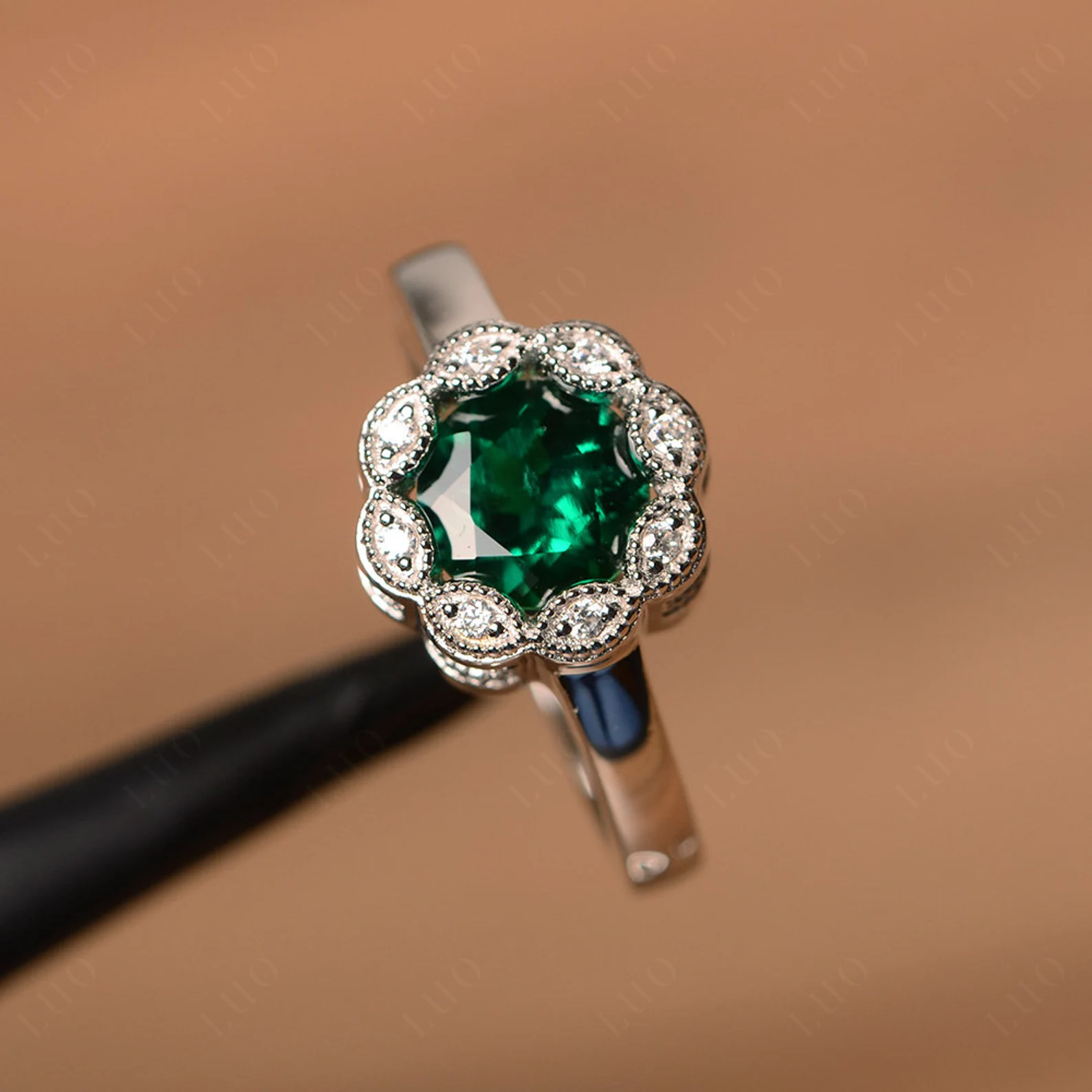 Vintage Emerald Ring Halo Flower Ring