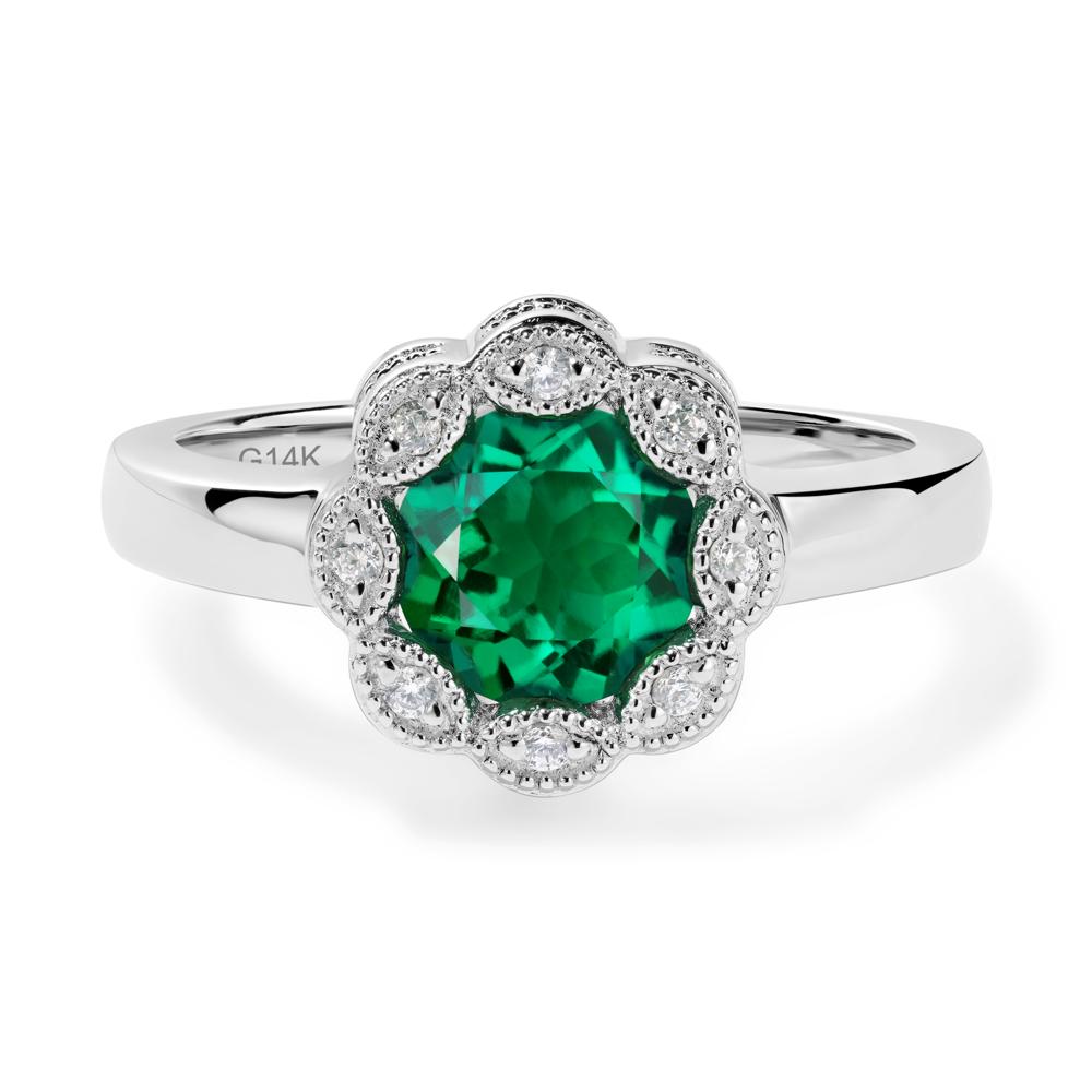 Vintage Emerald Ring Halo Flower Ring - LUO Jewelry #metal_14k white gold