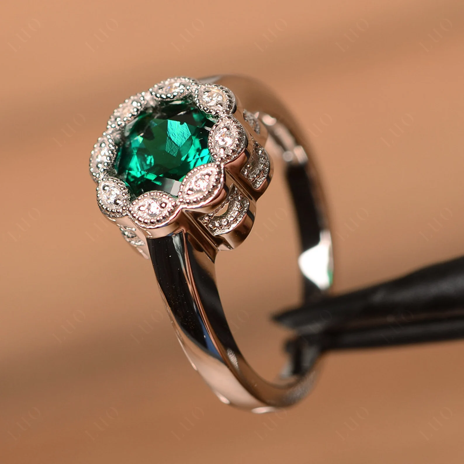 Vintage Emerald Ring Halo Flower Ring