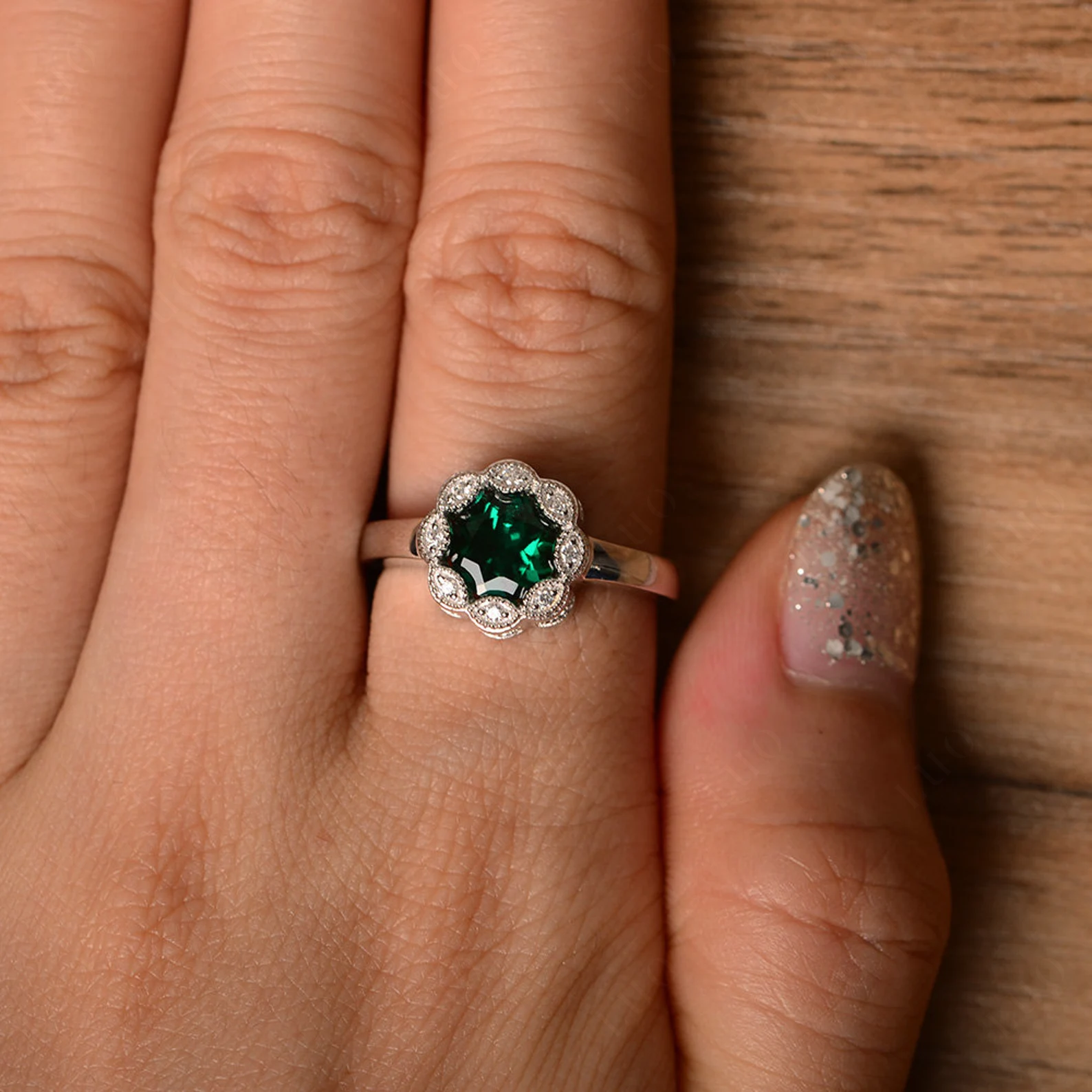 Vintage Emerald Ring Halo Flower Ring