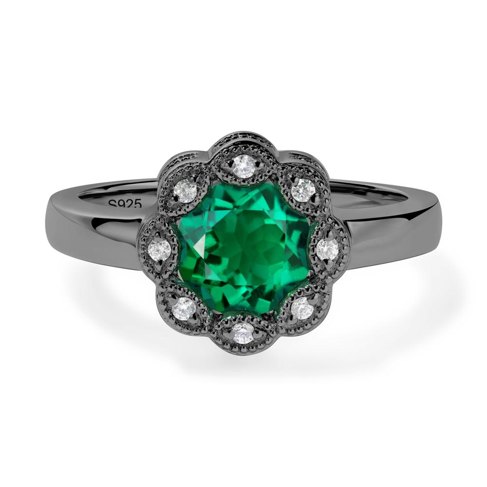 Vintage Emerald Ring Halo Flower Ring - LUO Jewelry #metal_black finish sterling silver