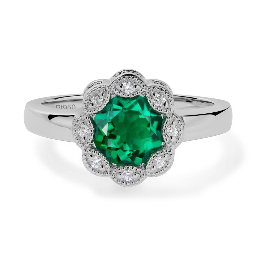 Vintage Emerald Ring Halo Flower Ring - LUO Jewelry #metal_platinum