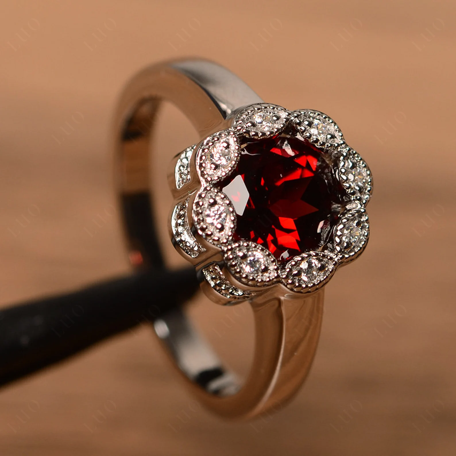 Vintage Garnet Ring Halo Flower Ring