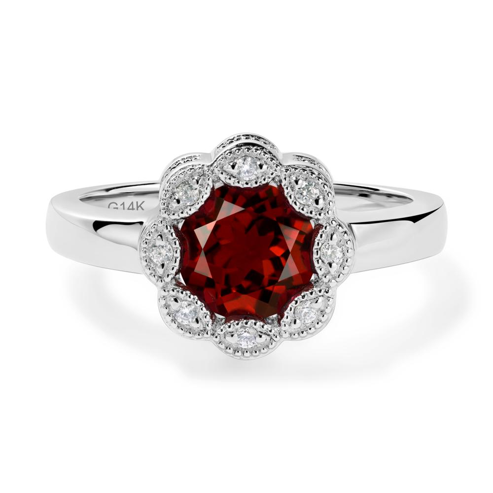 Vintage Garnet Ring Halo Flower Ring - LUO Jewelry #metal_14k white gold