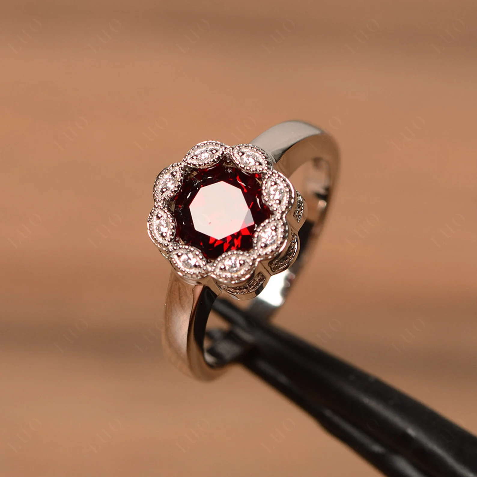 Vintage Garnet Ring Halo Flower Ring