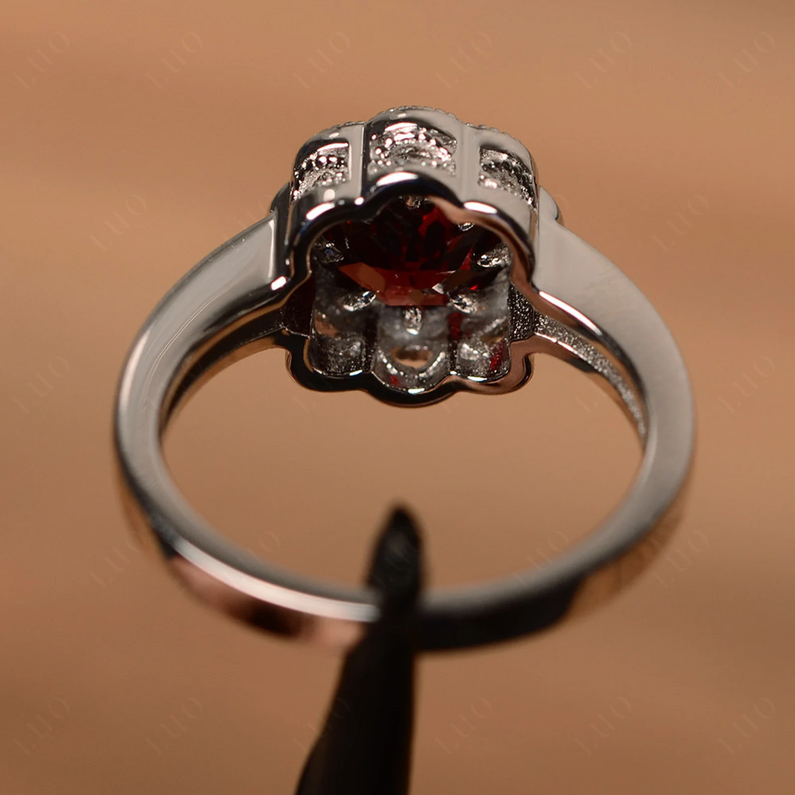 Vintage Garnet Ring Halo Flower Ring