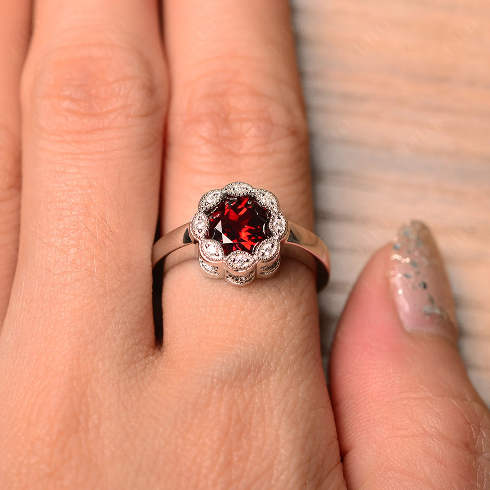 Vintage Garnet Ring Halo Flower Ring