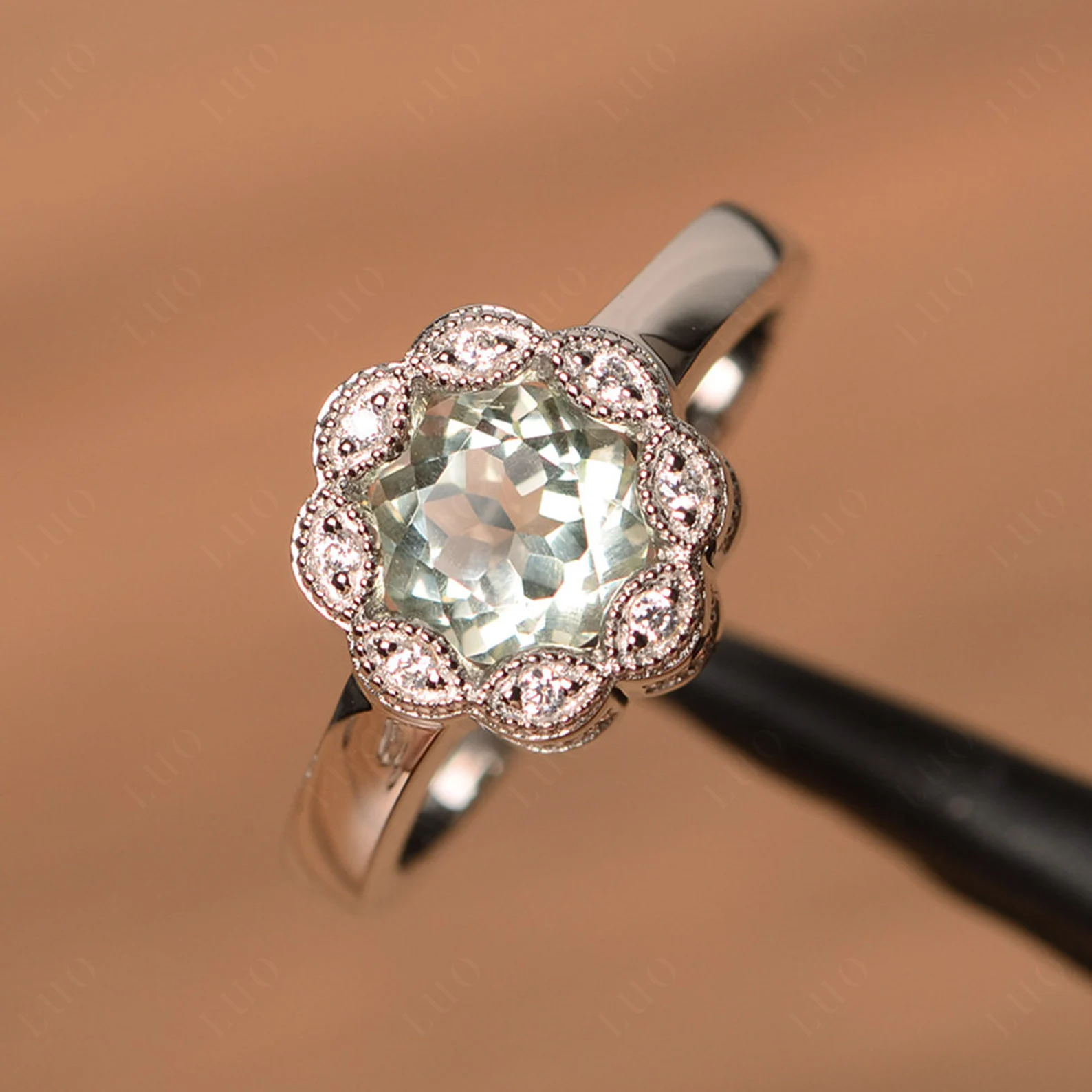 Vintage Green Amethyst Ring Halo Flower Ring