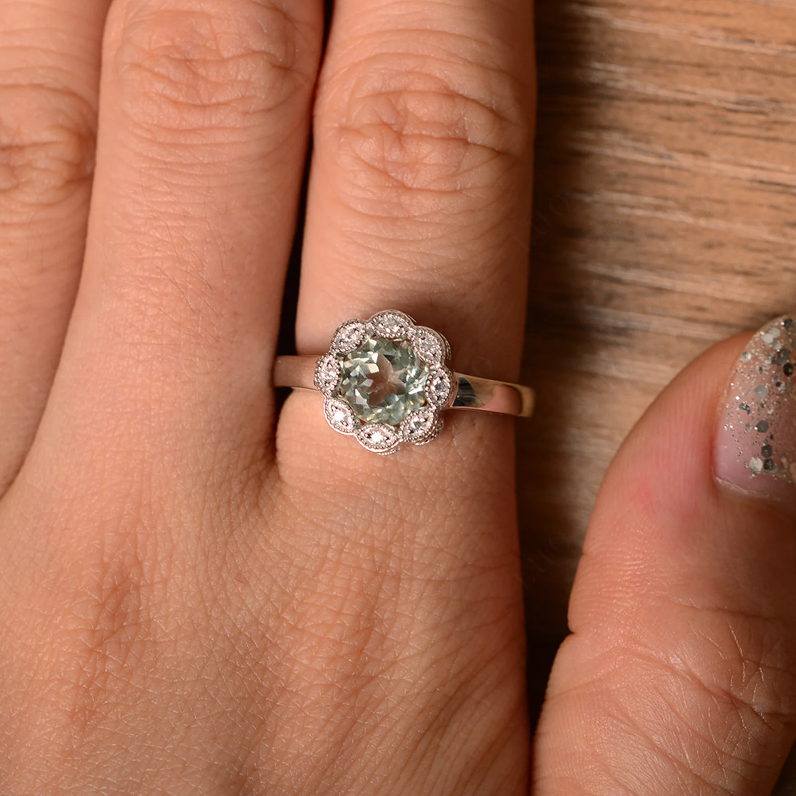 Vintage Green Amethyst Ring Halo Flower Ring