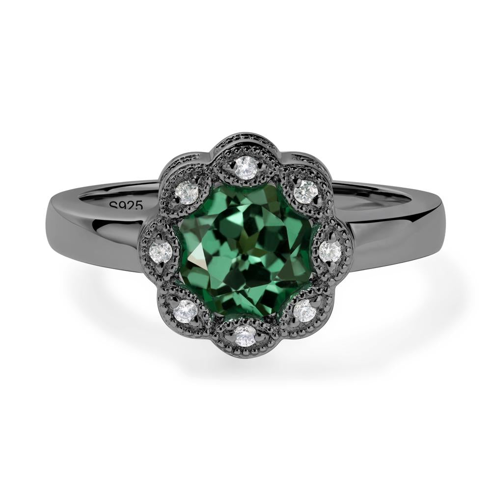 Vintage Green Sapphire Halo Flower Ring - LUO Jewelry #metal_black finish sterling silver