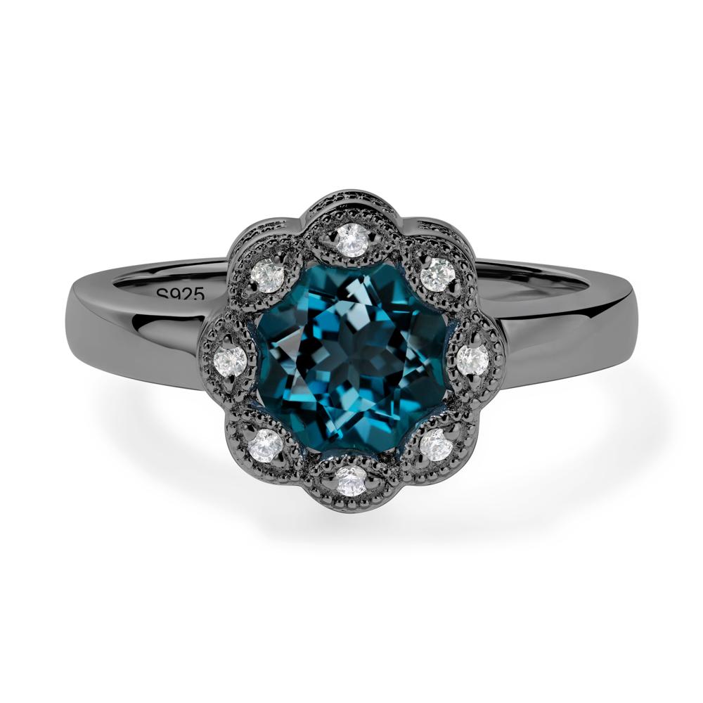 Vintage London Blue Topaz Ring Halo Flower Ring - LUO Jewelry #metal_black finish sterling silver