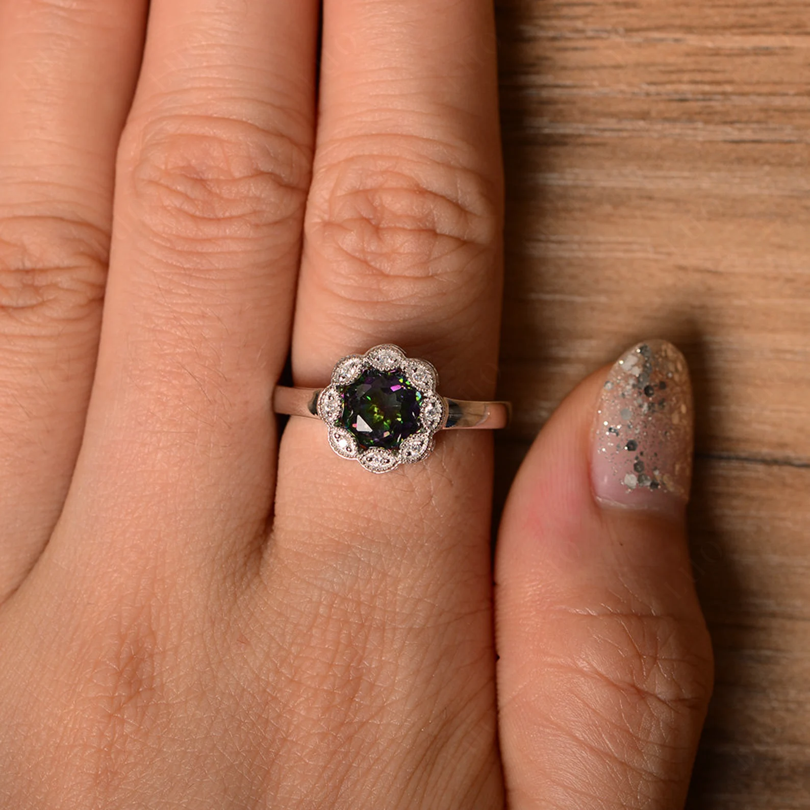 Vintage Mystic Topaz Ring Halo Flower Ring - LUO Jewelry