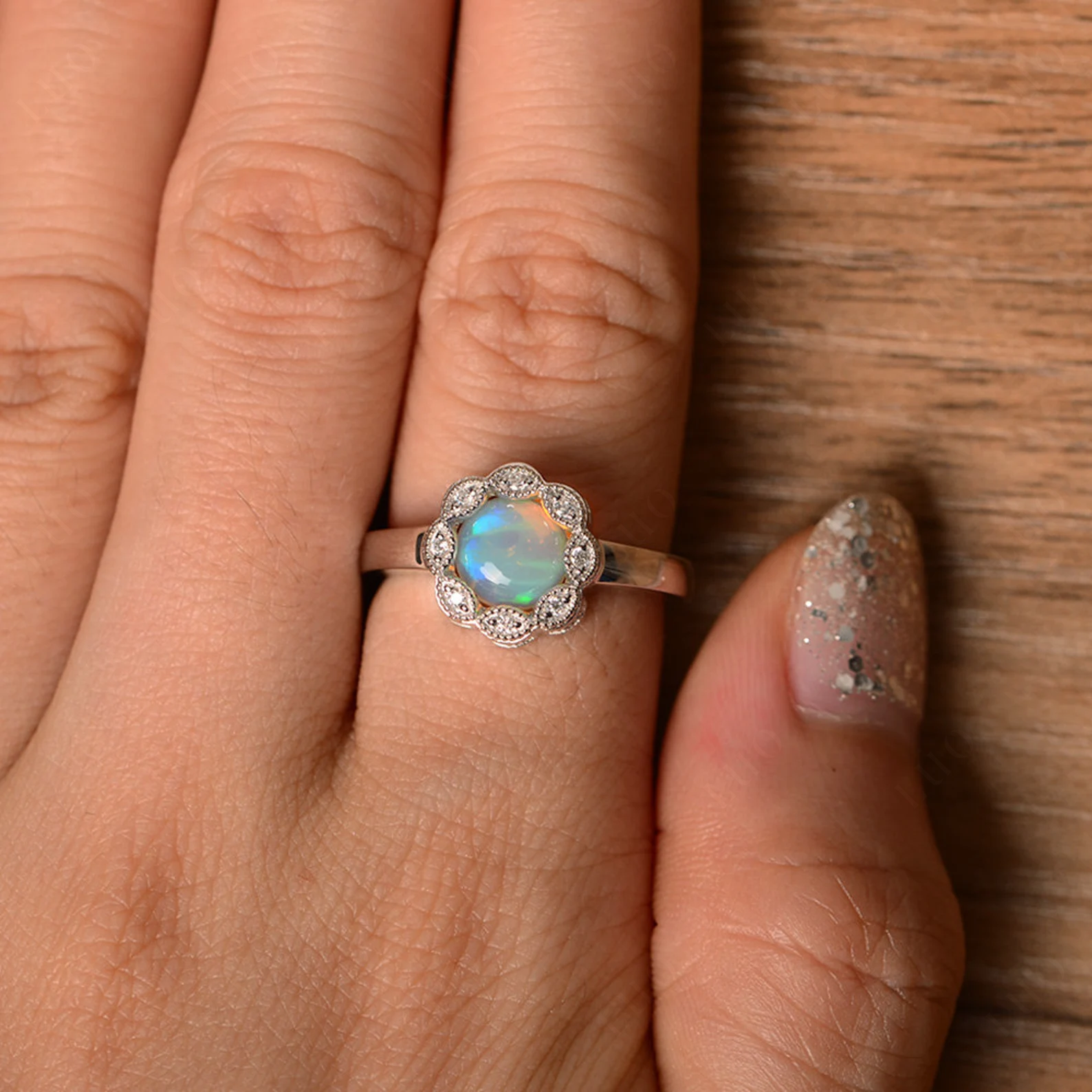 Vintage Opal Ring Halo Flower Ring - LUO Jewelry