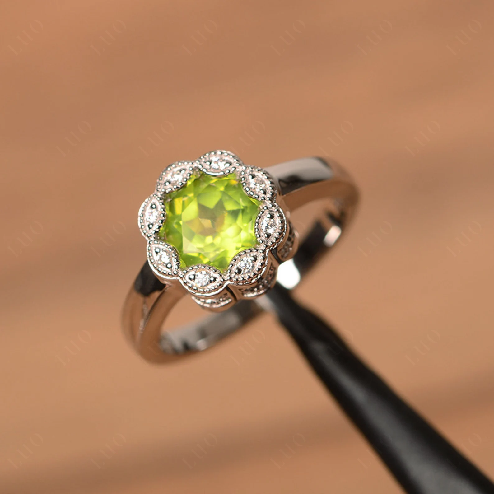 Vintage Peridot Ring Halo Flower Ring