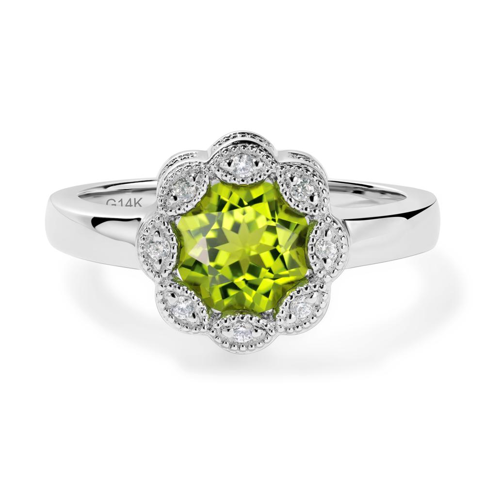 Vintage Peridot Ring Halo Flower Ring - LUO Jewelry #metal_14k white gold