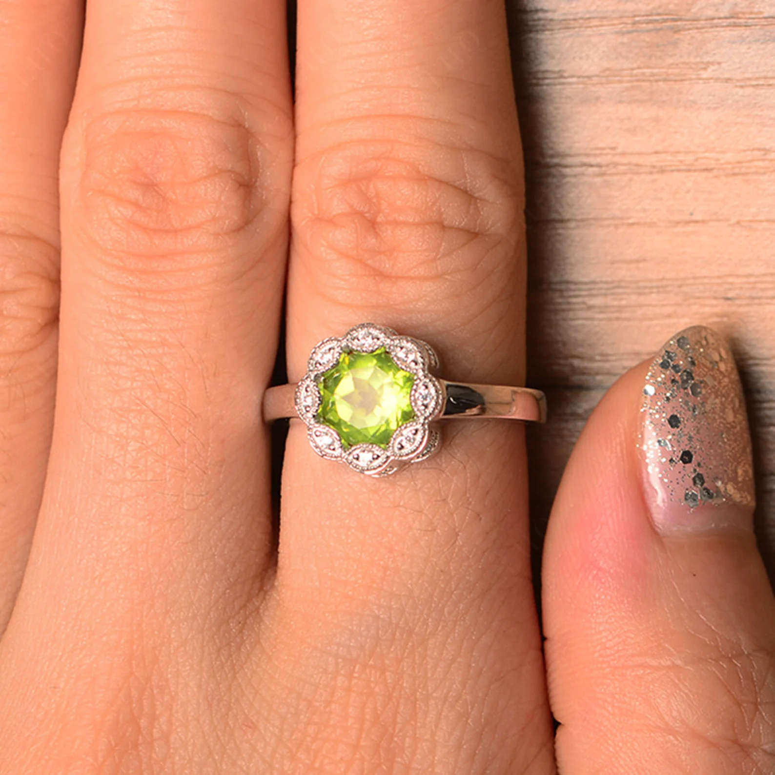 Vintage Peridot Ring Halo Flower Ring