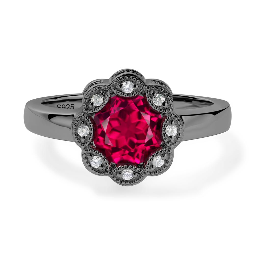 Vintage Ruby Ring Halo Flower Ring - LUO Jewelry #metal_black finish sterling silver