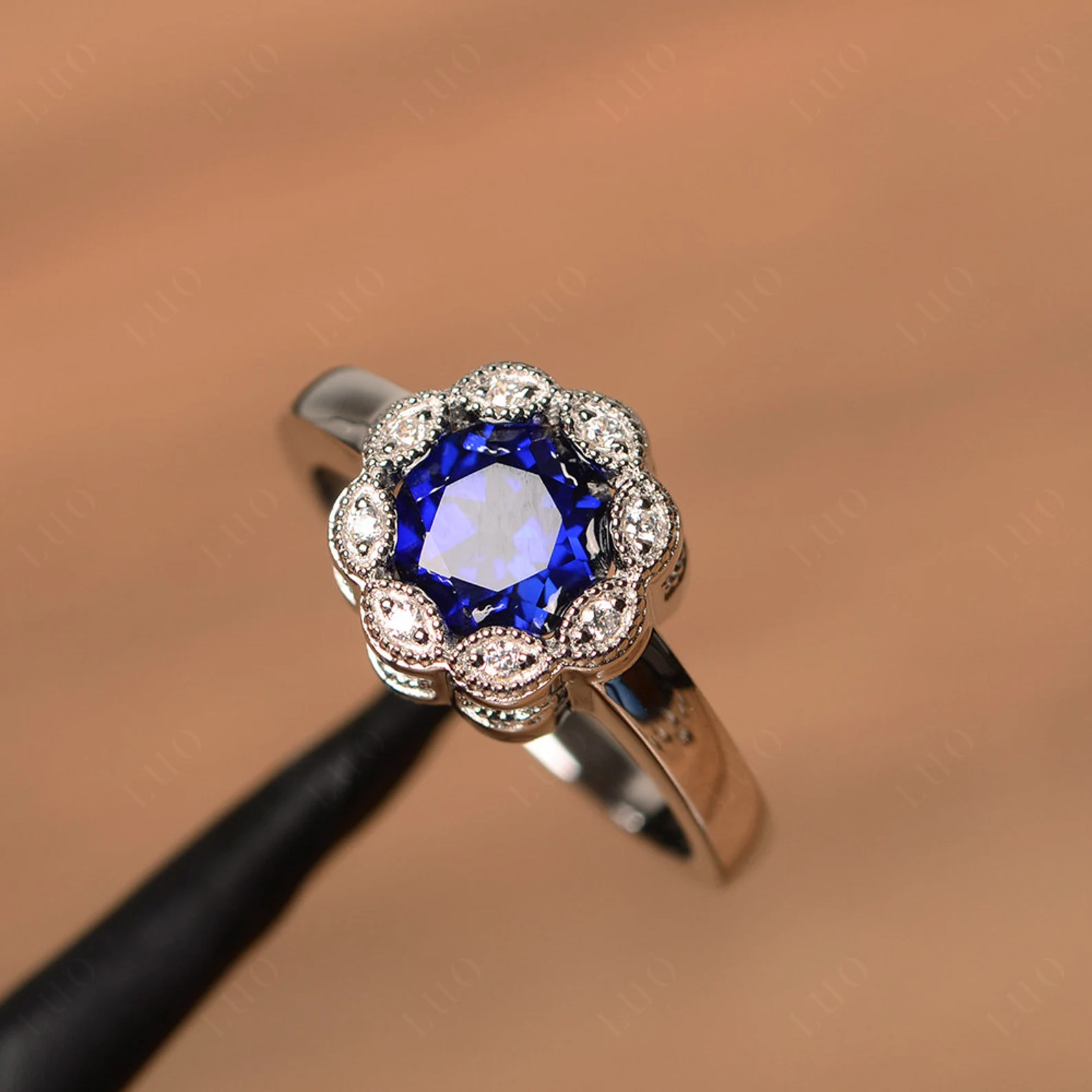 Vintage Sapphire Ring Halo Flower Ring