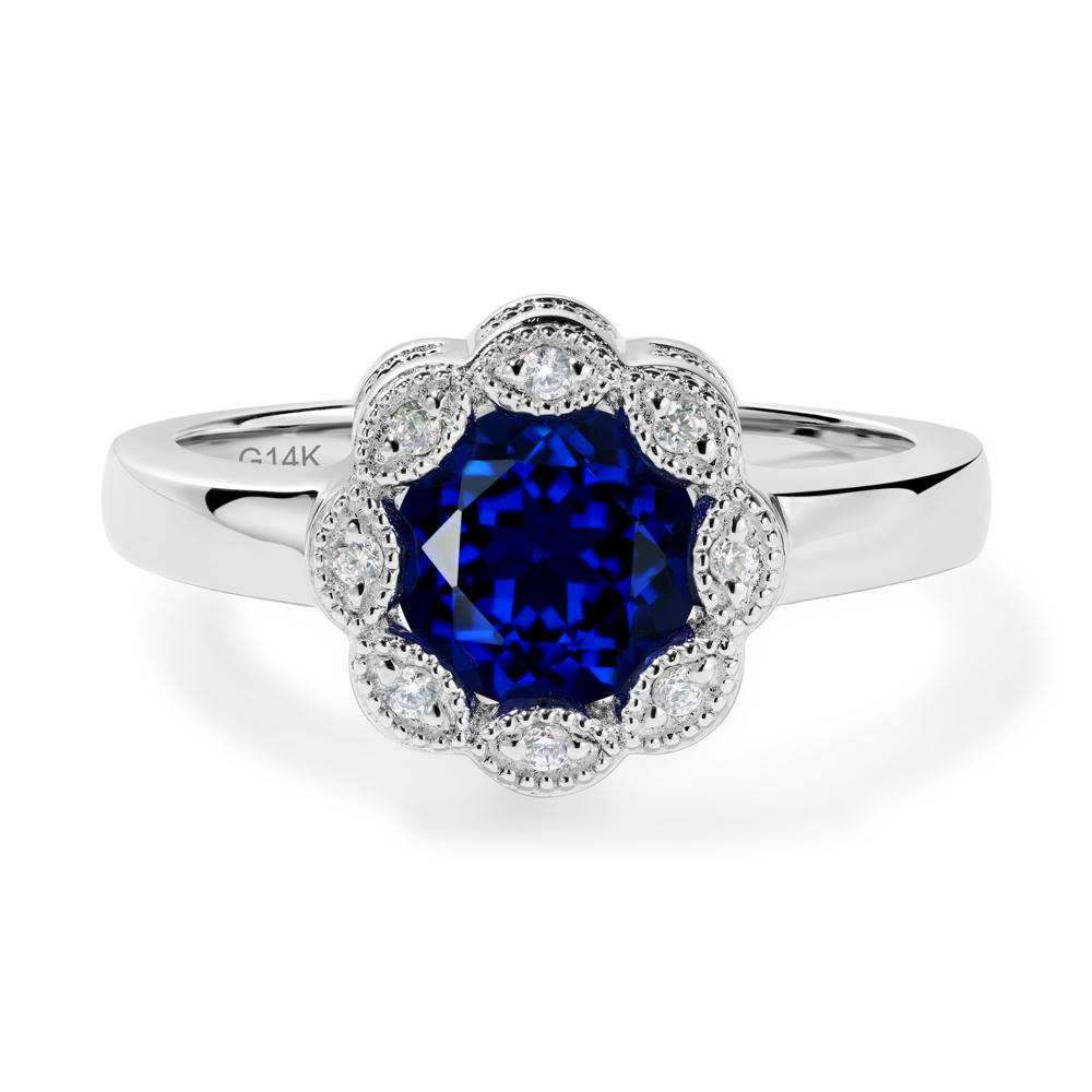 Vintage Sapphire Ring Halo Flower Ring - LUO Jewelry #metal_14k white gold