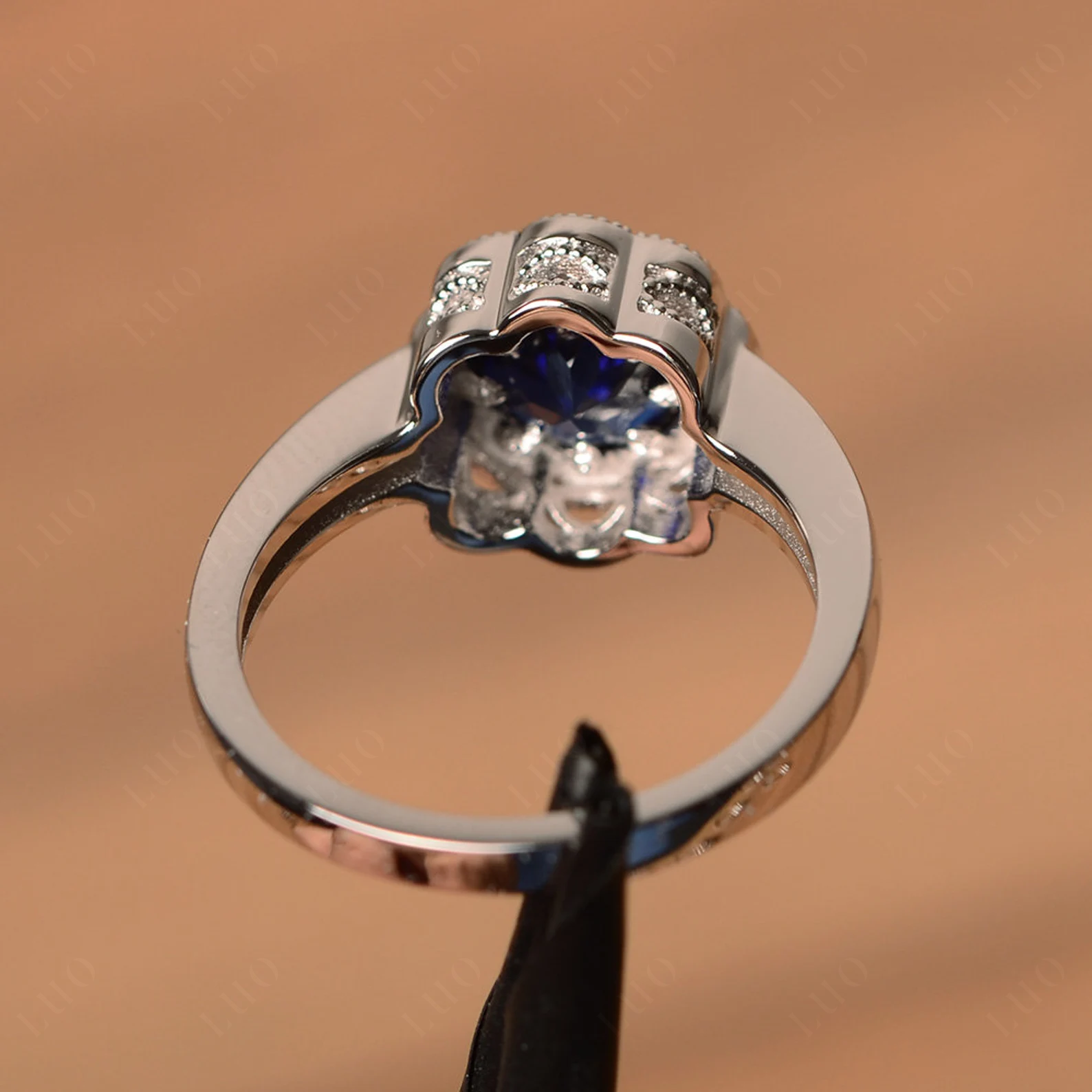Vintage Sapphire Ring Halo Flower Ring