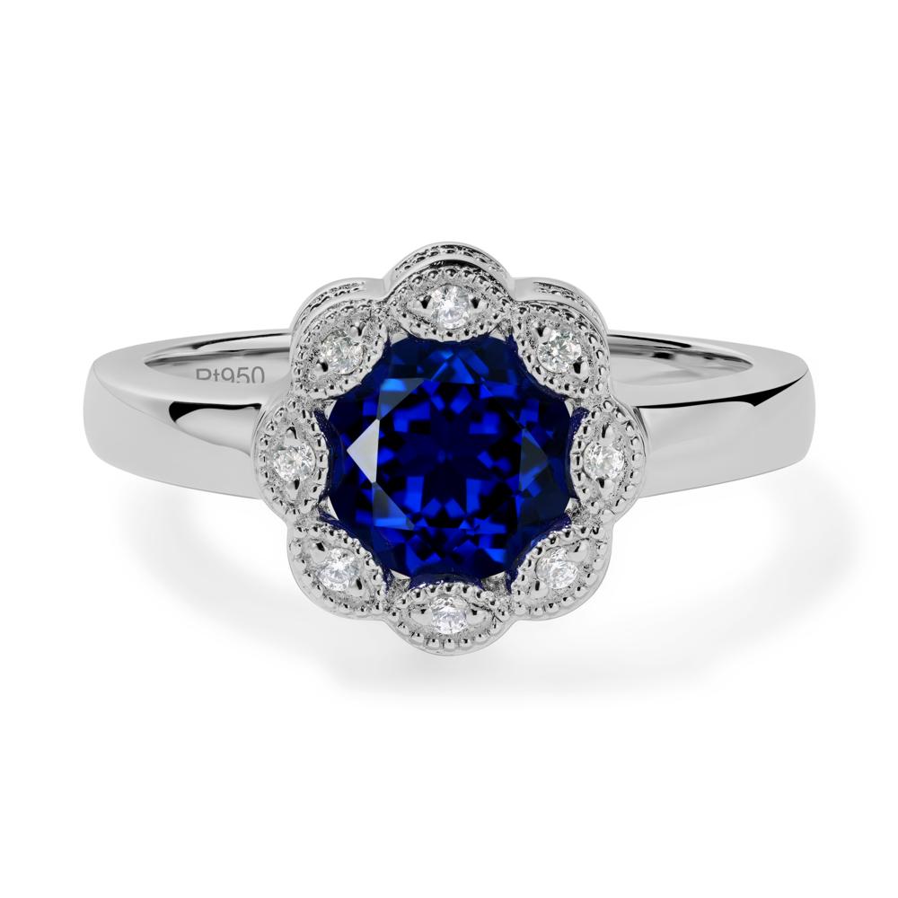 Vintage Sapphire Ring Halo Flower Ring - LUO Jewelry #metal_platinum