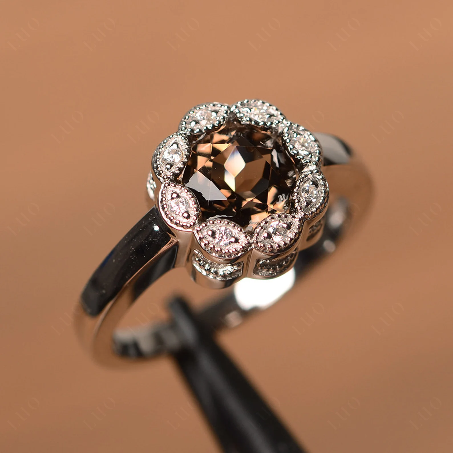 Vintage Smoky Quartz Ring Halo Flower Ring