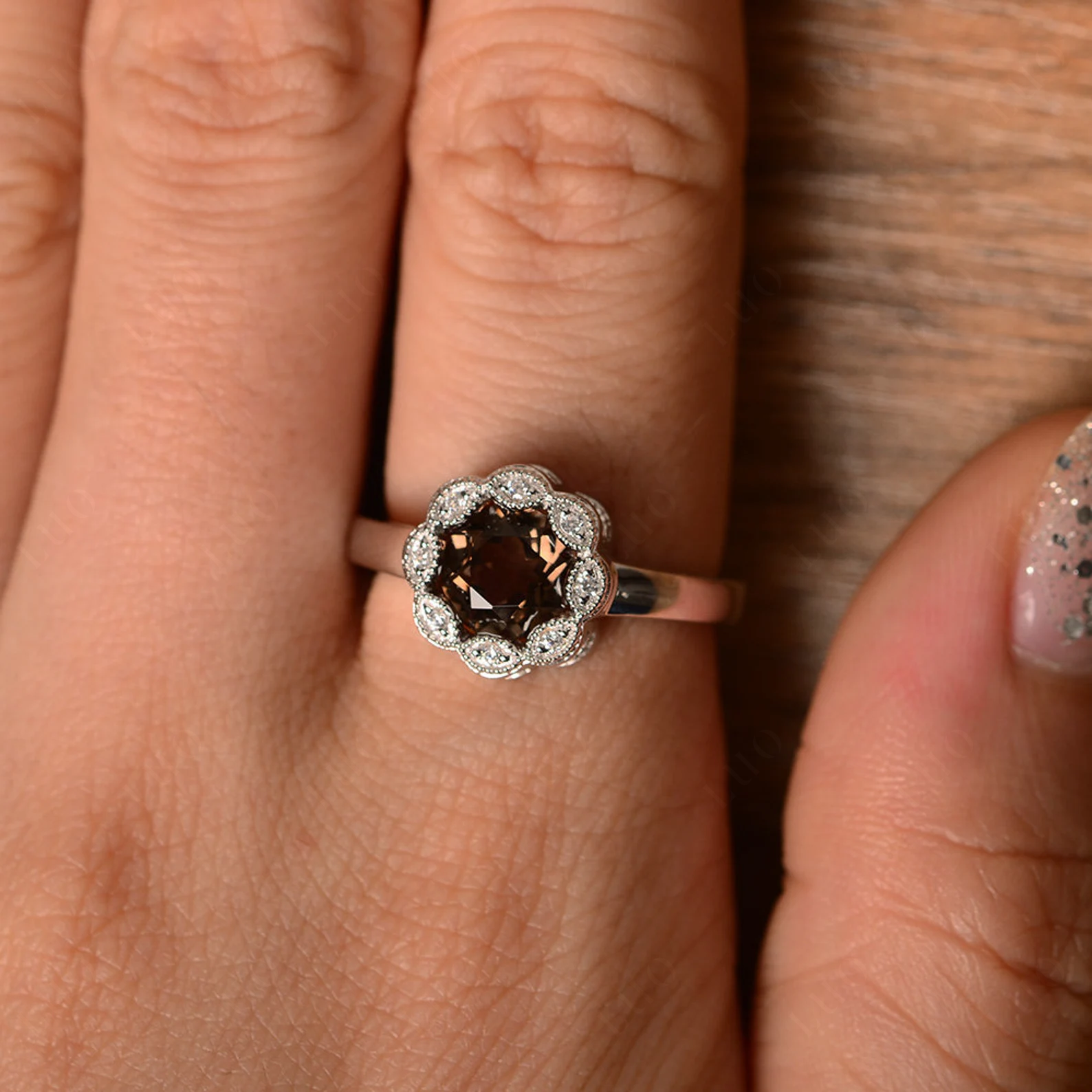 Vintage Smoky Quartz Ring Halo Flower Ring