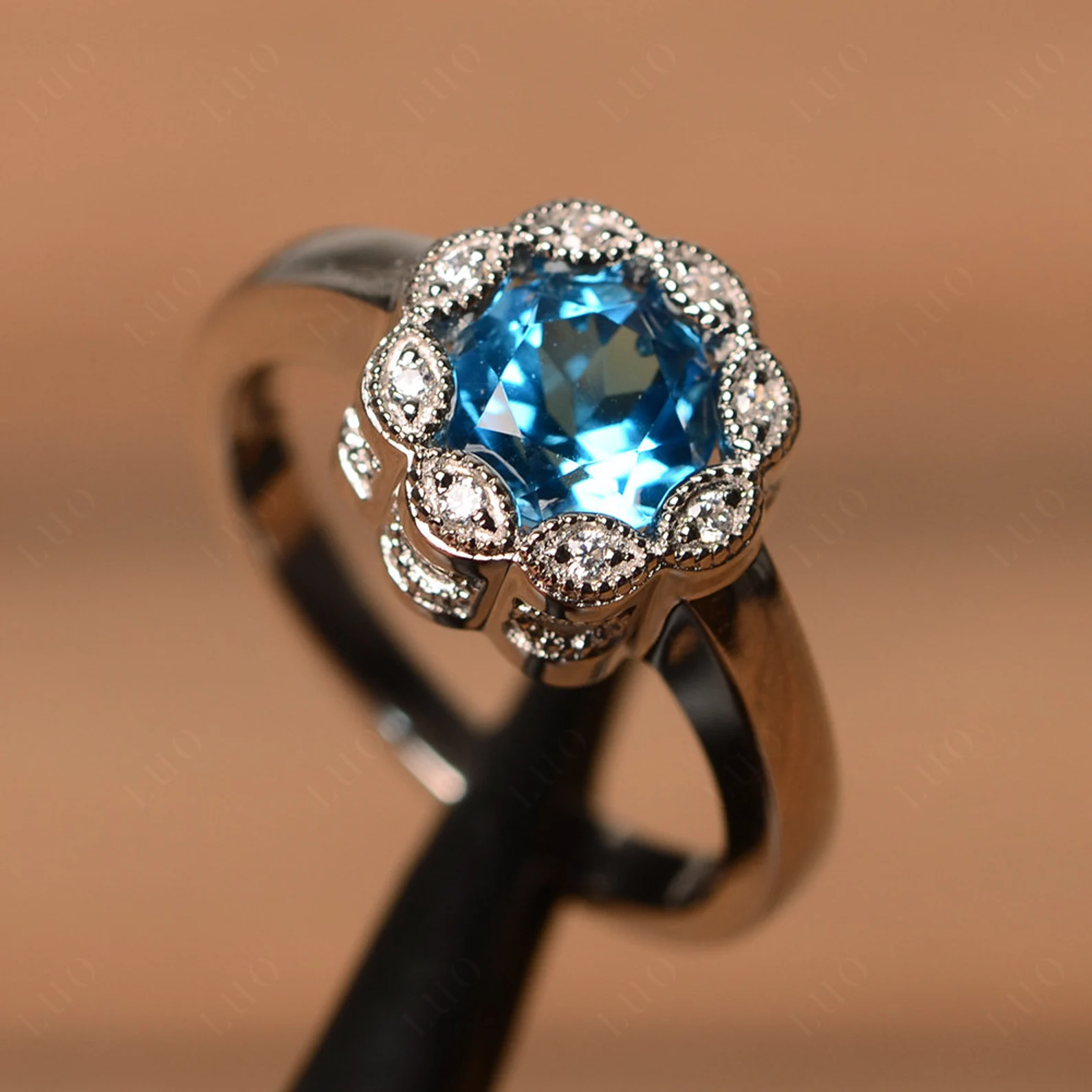 Vintage Swiss Blue Topaz Ring Halo Flower Ring