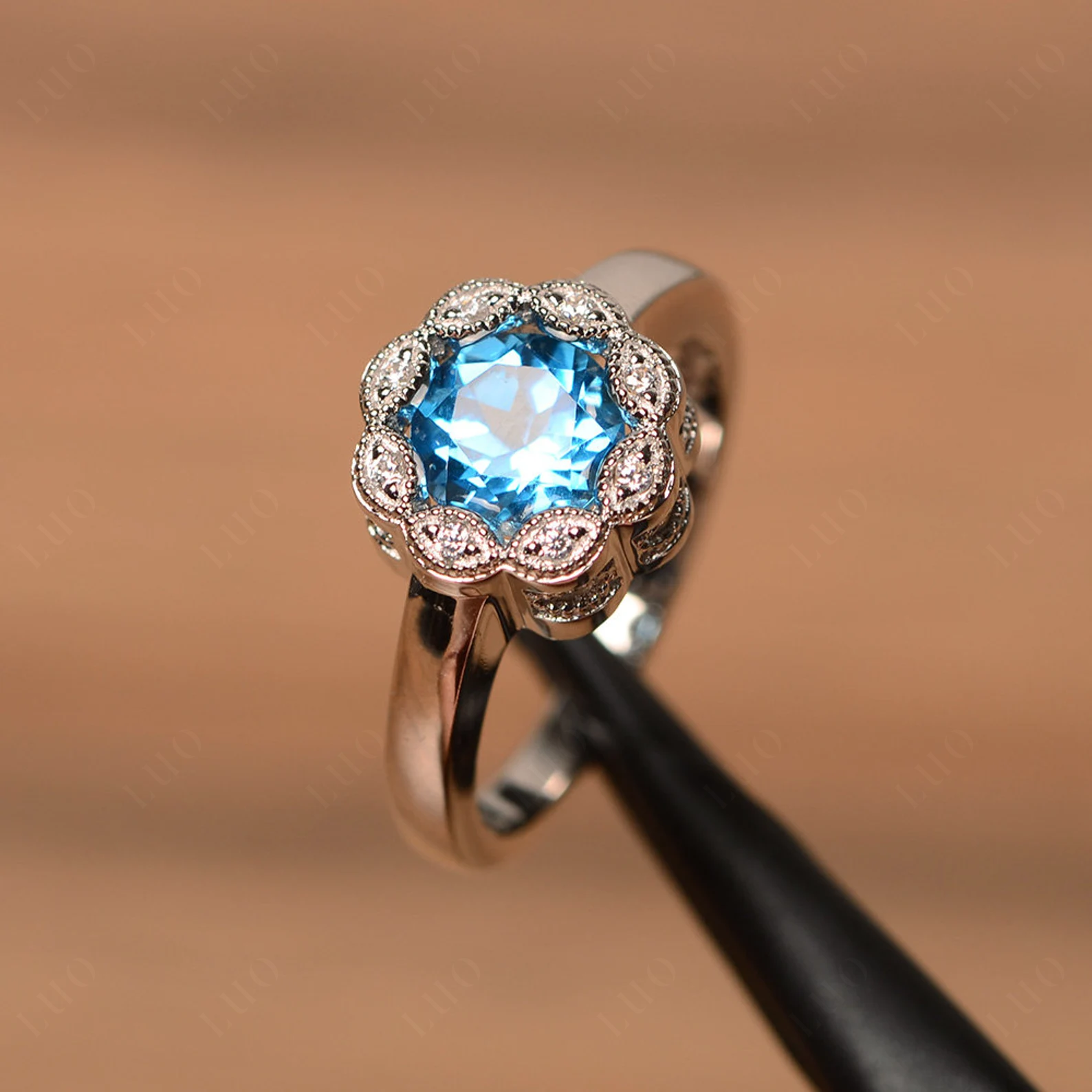 Vintage Swiss Blue Topaz Ring Halo Flower Ring