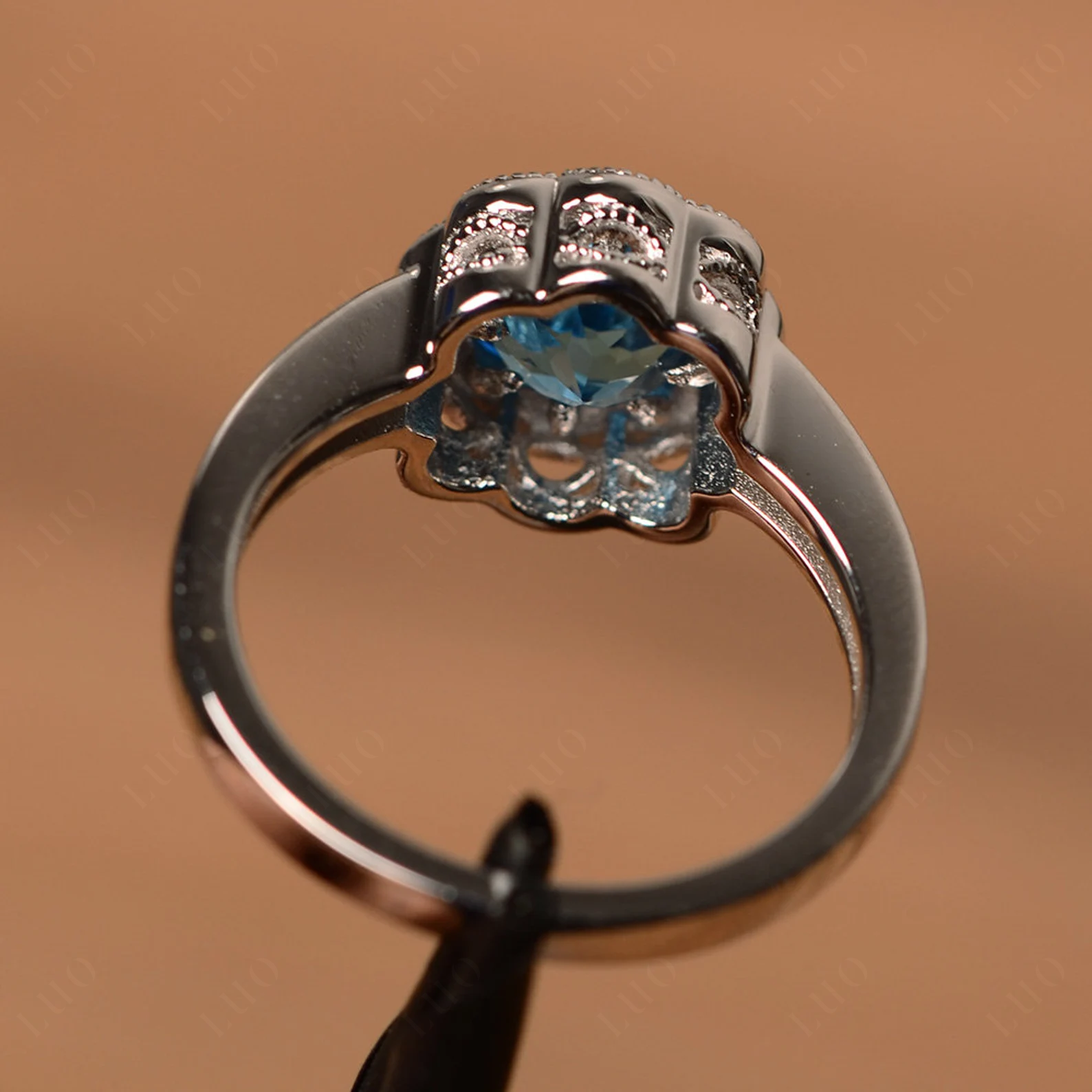 Vintage Swiss Blue Topaz Ring Halo Flower Ring