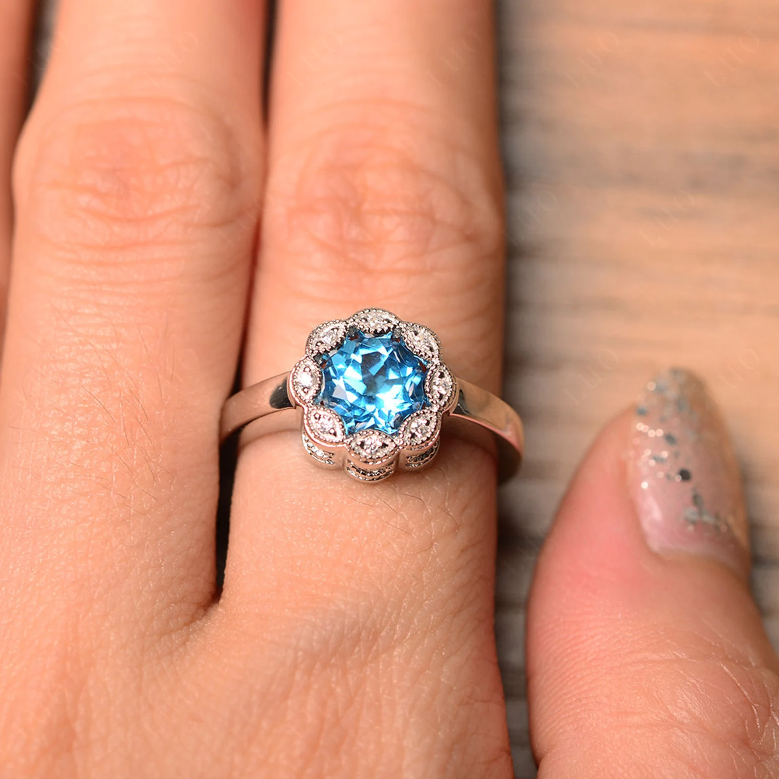 Vintage Swiss Blue Topaz Ring Halo Flower Ring