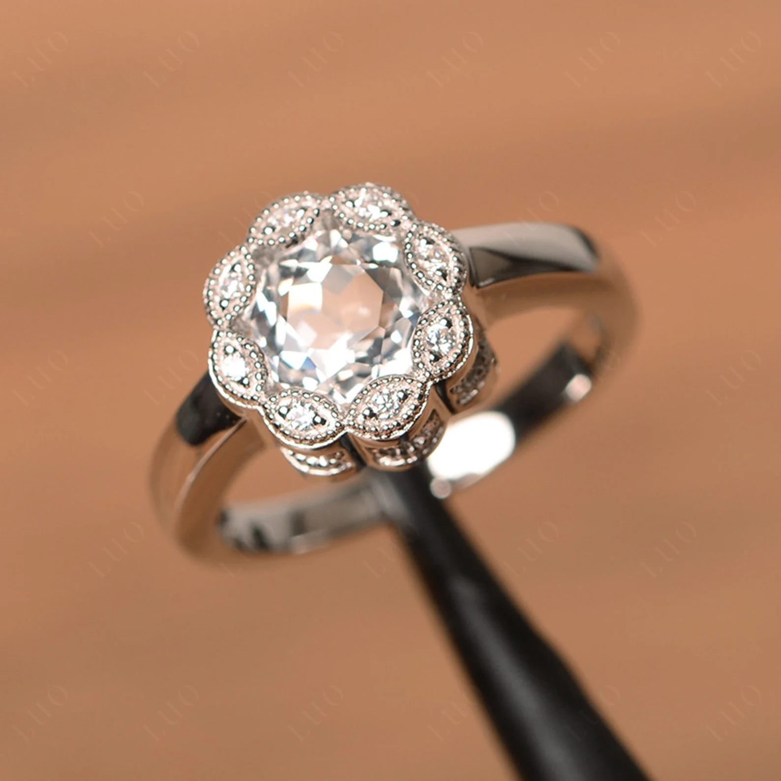 Vintage White Topaz Ring Halo Flower Ring