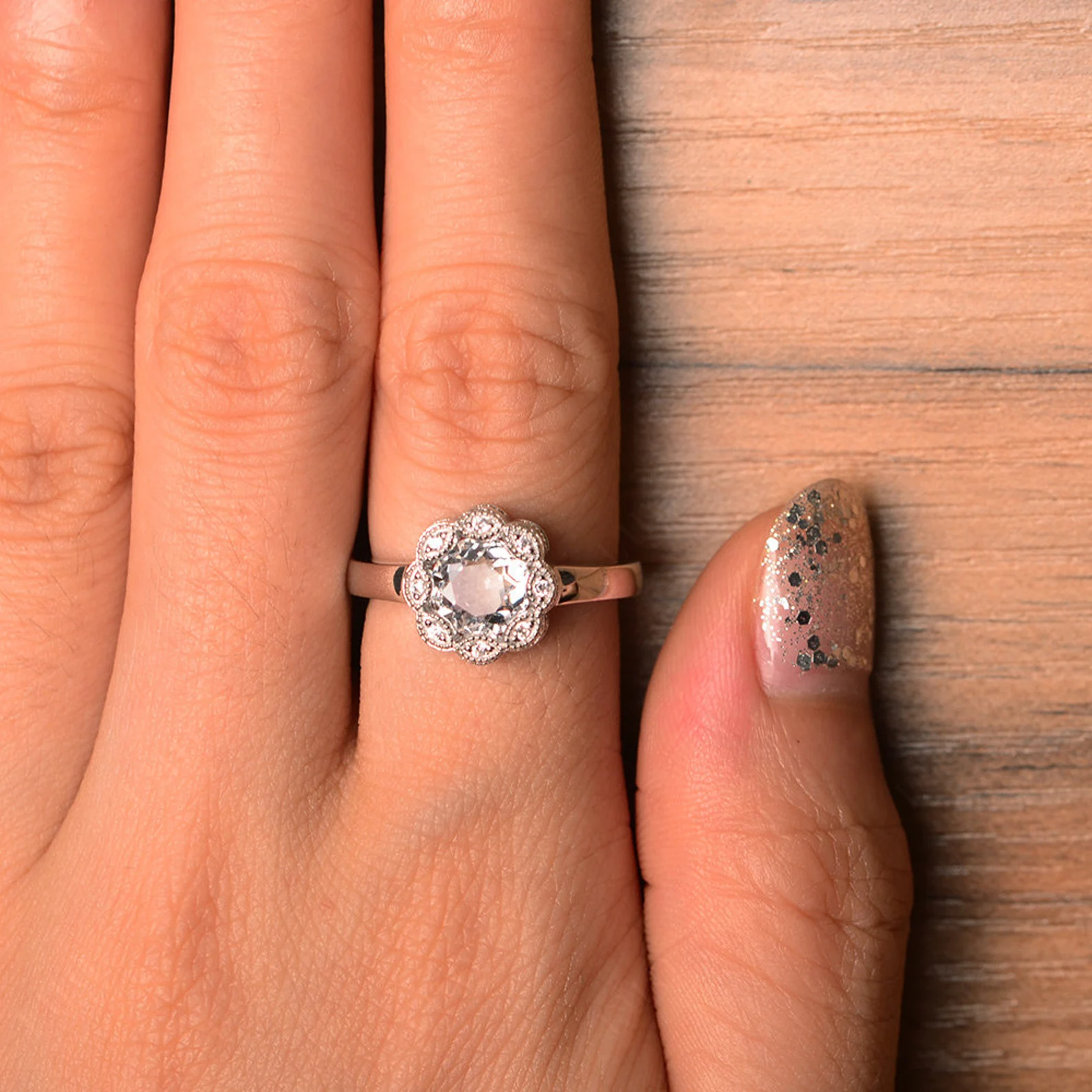 Vintage White Topaz Ring Halo Flower Ring