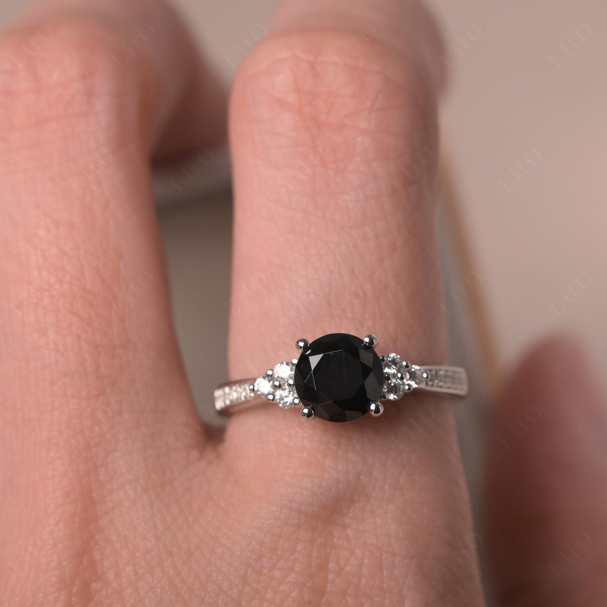 Round Cut Black Spinel Engagement Ring - LUO Jewelry 