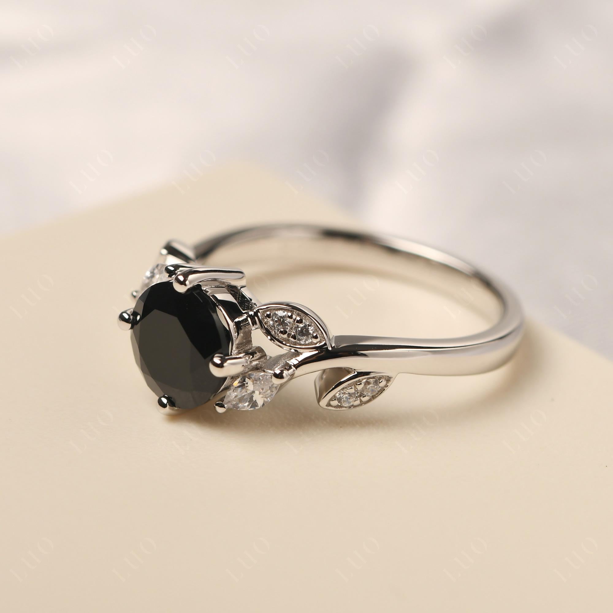 Vine Leaf Black Spinel Engagement Ring - LUO Jewelry 