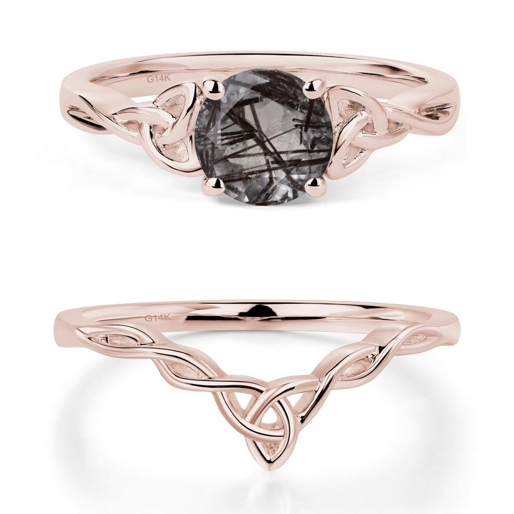 Round Cut Black Rutilated Quartz Celtic Ring - LUO Jewelry #metal_14k rose gold