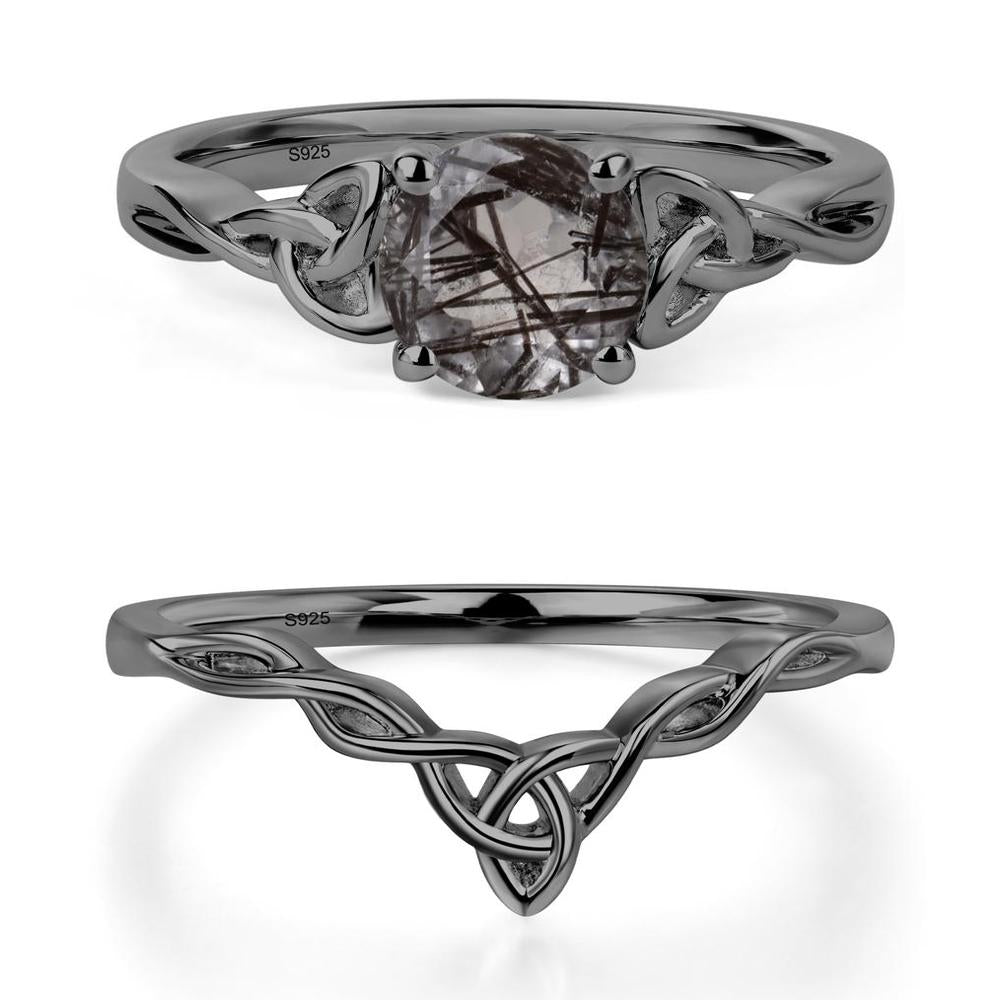 Round Cut Black Rutilated Quartz Celtic Ring - LUO Jewelry #metal_black finish sterling silver