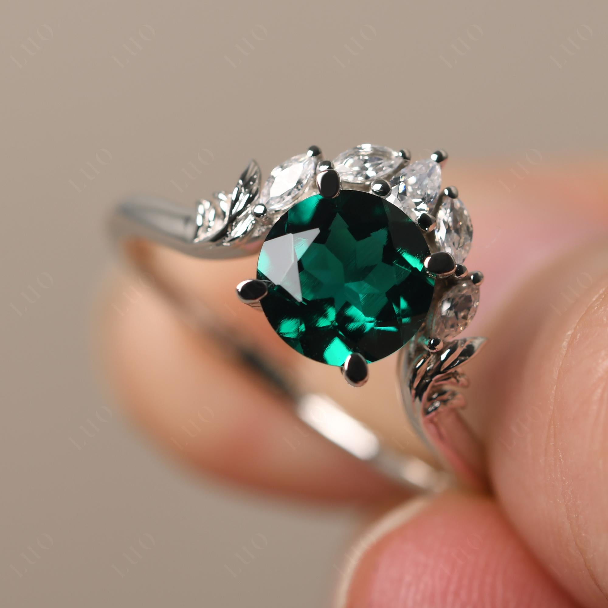 Emerald Ring with Marquise Side Stone - LUO Jewelry 