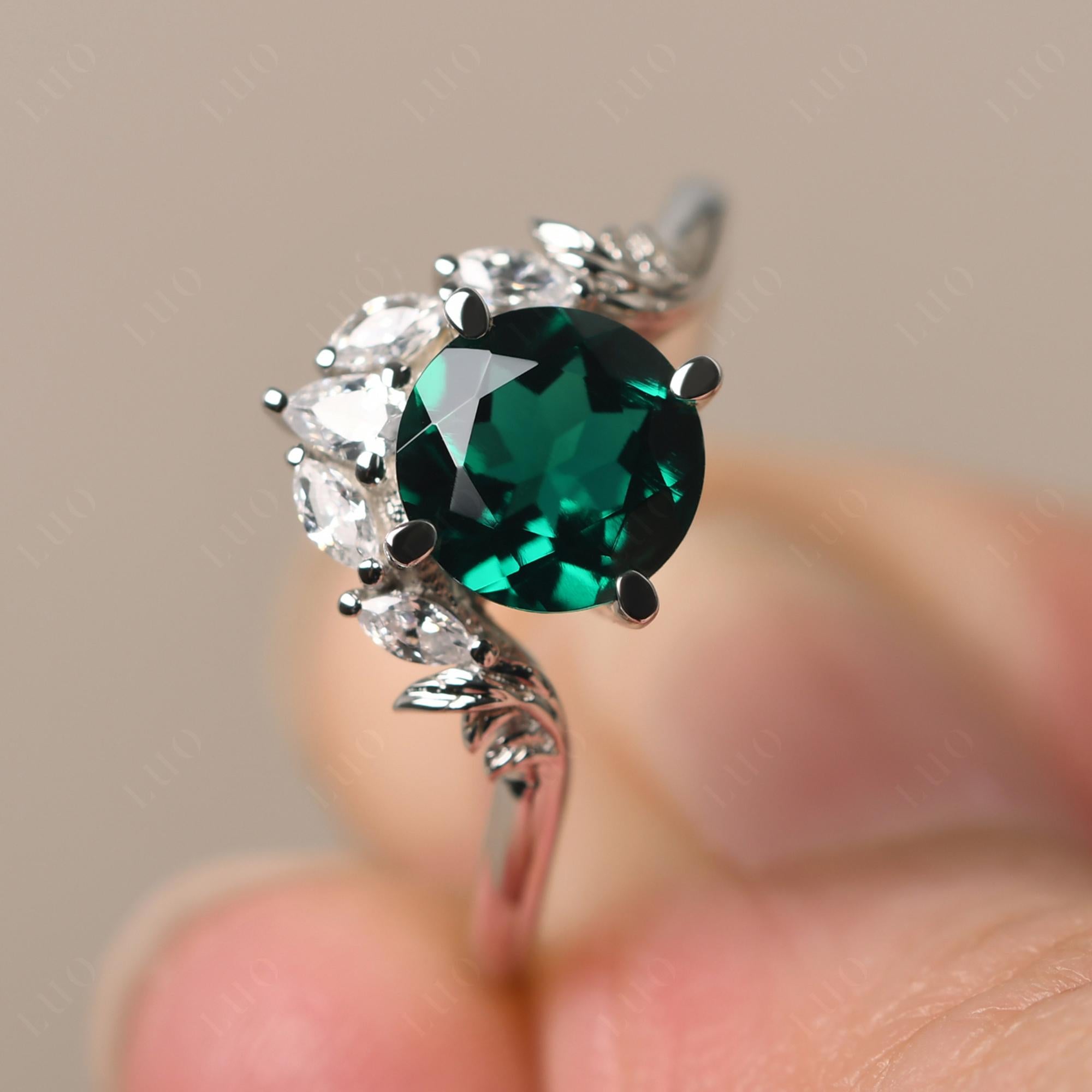 Emerald Ring with Marquise Side Stone - LUO Jewelry 