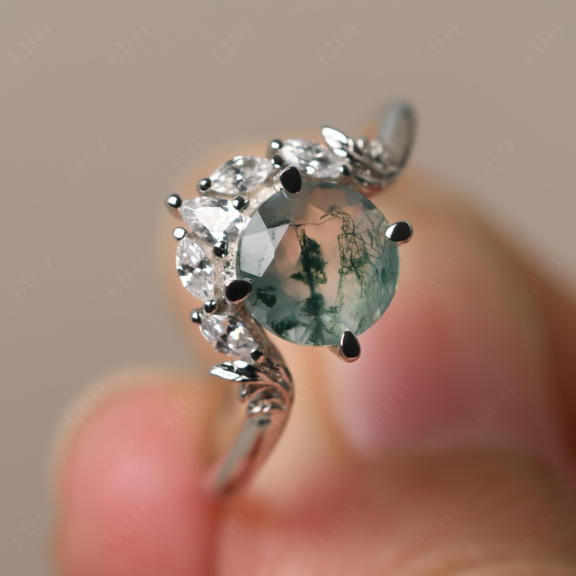 Moss Agate Ring with Marquise Side Stone - LUO Jewelry 