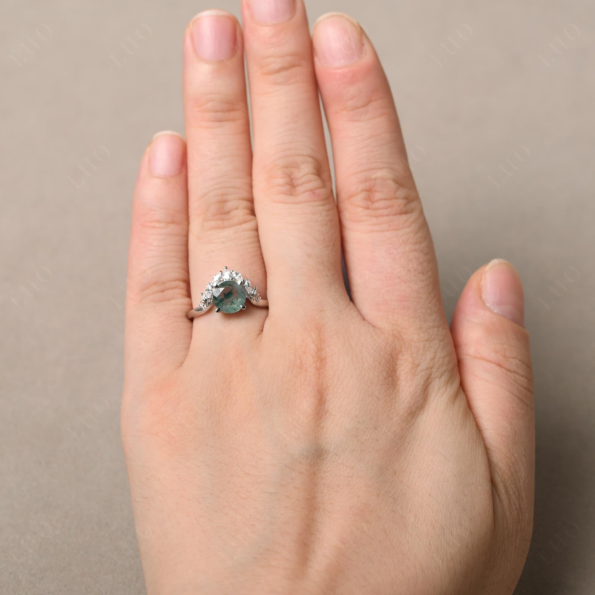 Moss Agate Ring with Marquise Side Stone - LUO Jewelry 