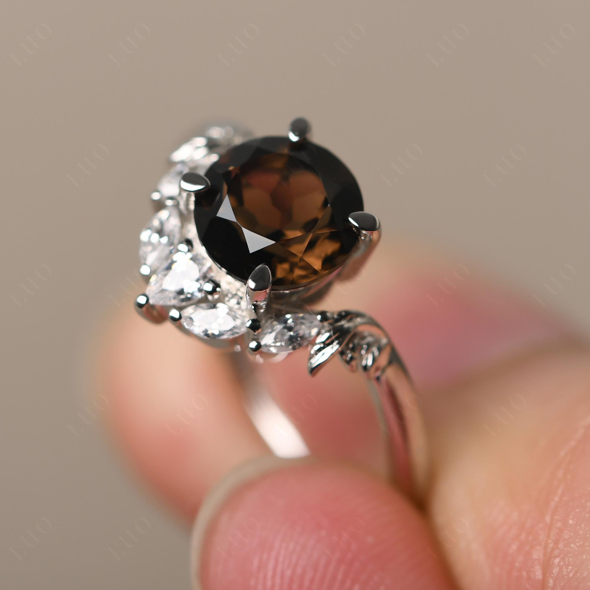 Smoky Quartz Ring with Marquise Side Stone - LUO Jewelry 