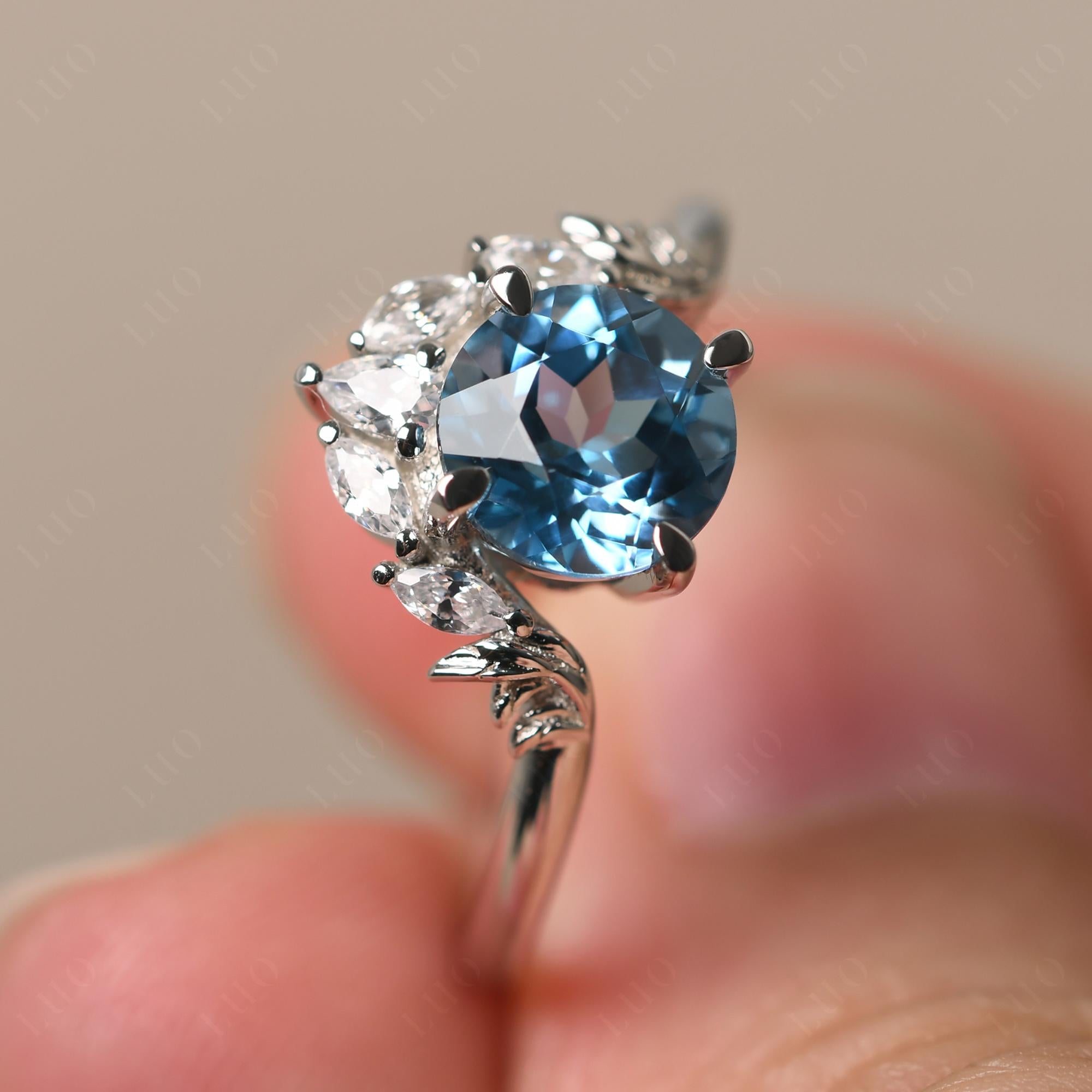 Swiss Blue Topaz Ring with Marquise Side Stone - LUO Jewelry 