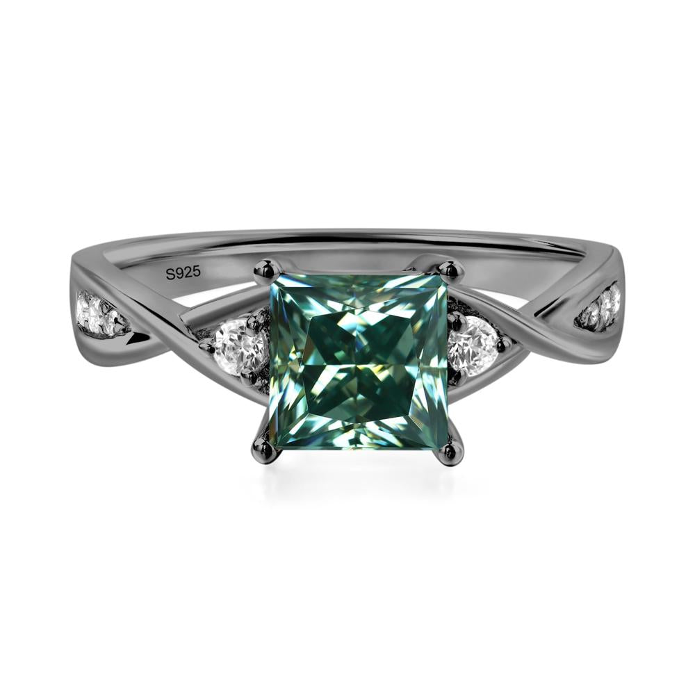 Green Moissanite Princess Cut Twist Engagement Ring - LUO Jewelry #metal_black finish sterling silver