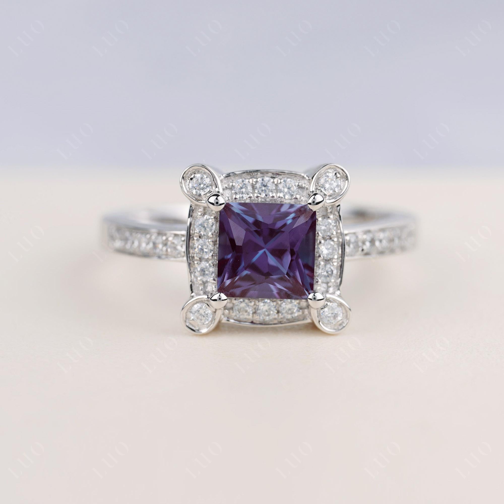 Princess Cut Alexandrite Halo Statement Ring - LUO Jewelry 