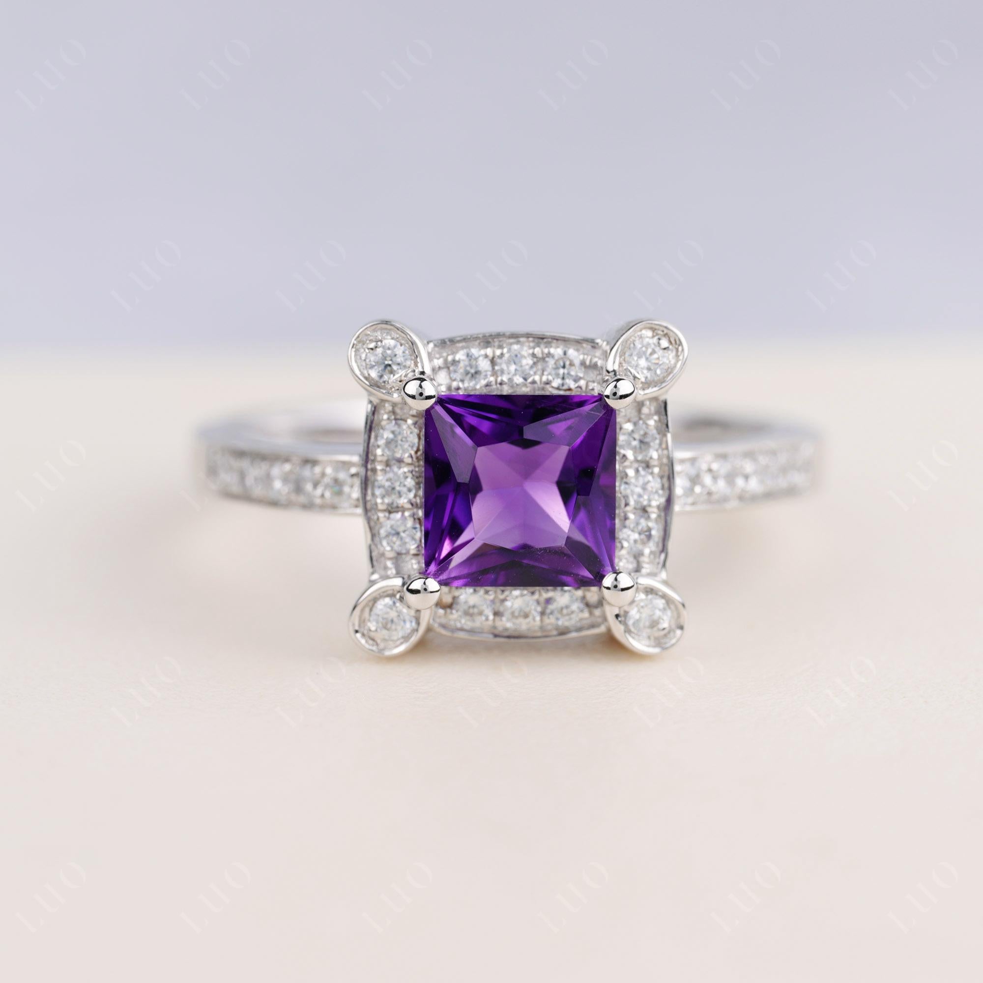 Princess Cut Amethyst Halo Statement Ring - LUO Jewelry 