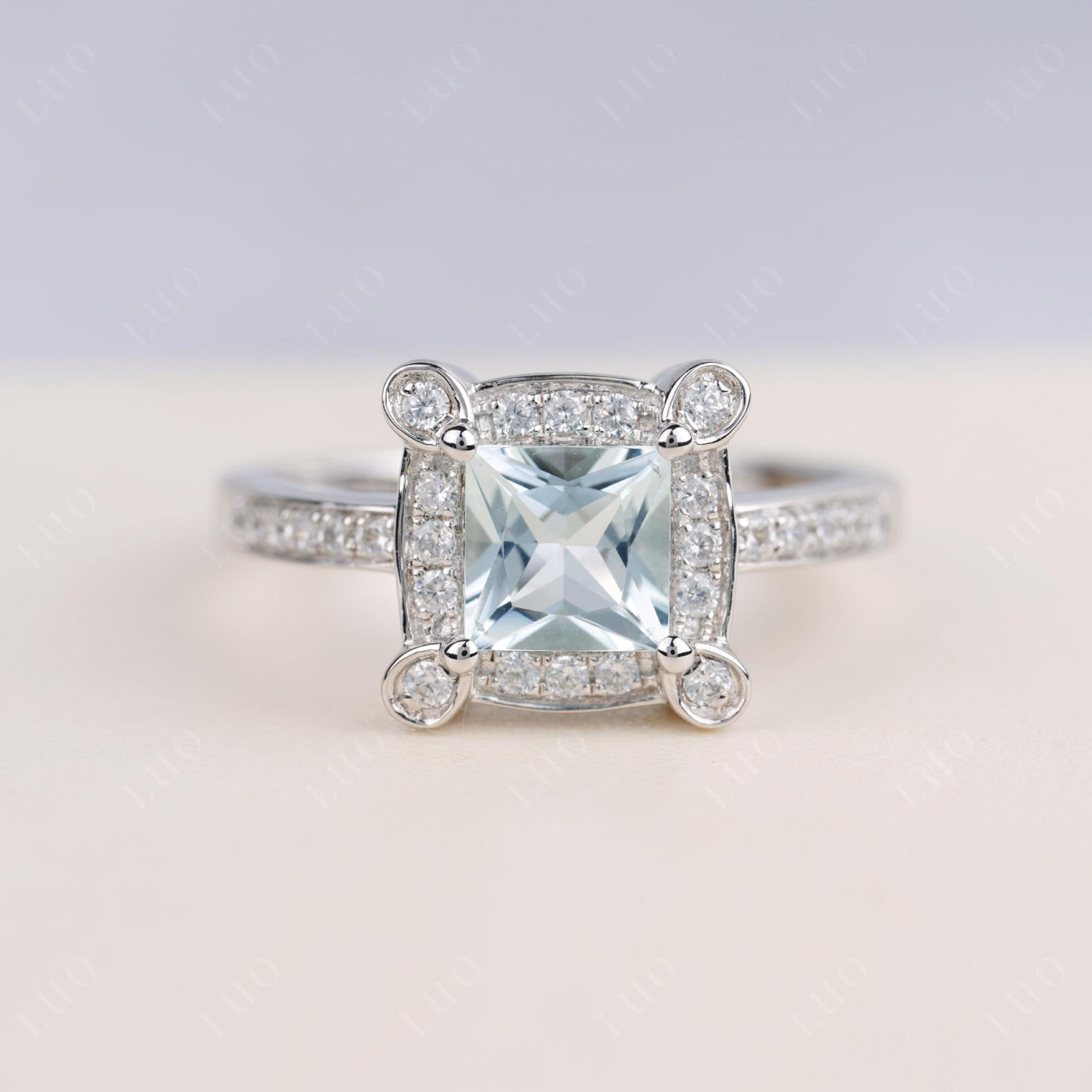 Princess Cut Aquamarine Halo Statement Ring - LUO Jewelry 