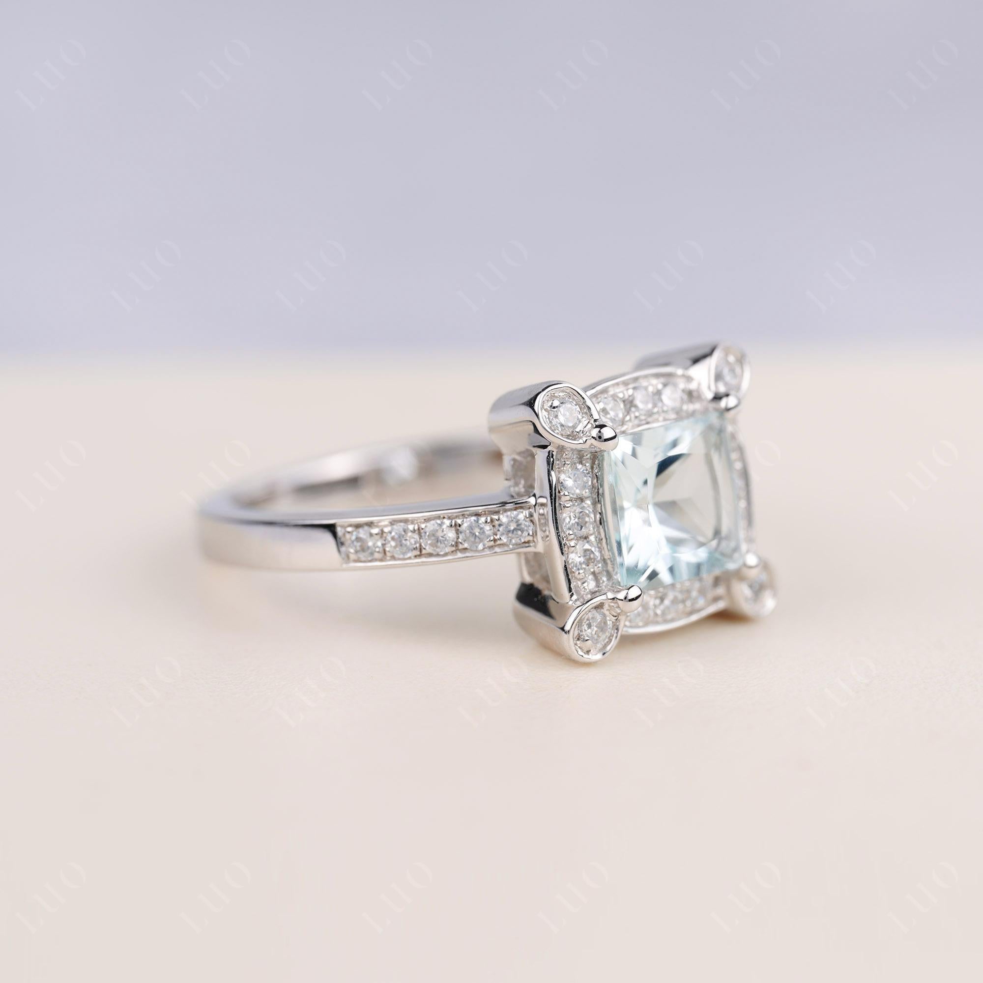 Princess Cut Aquamarine Halo Statement Ring - LUO Jewelry 