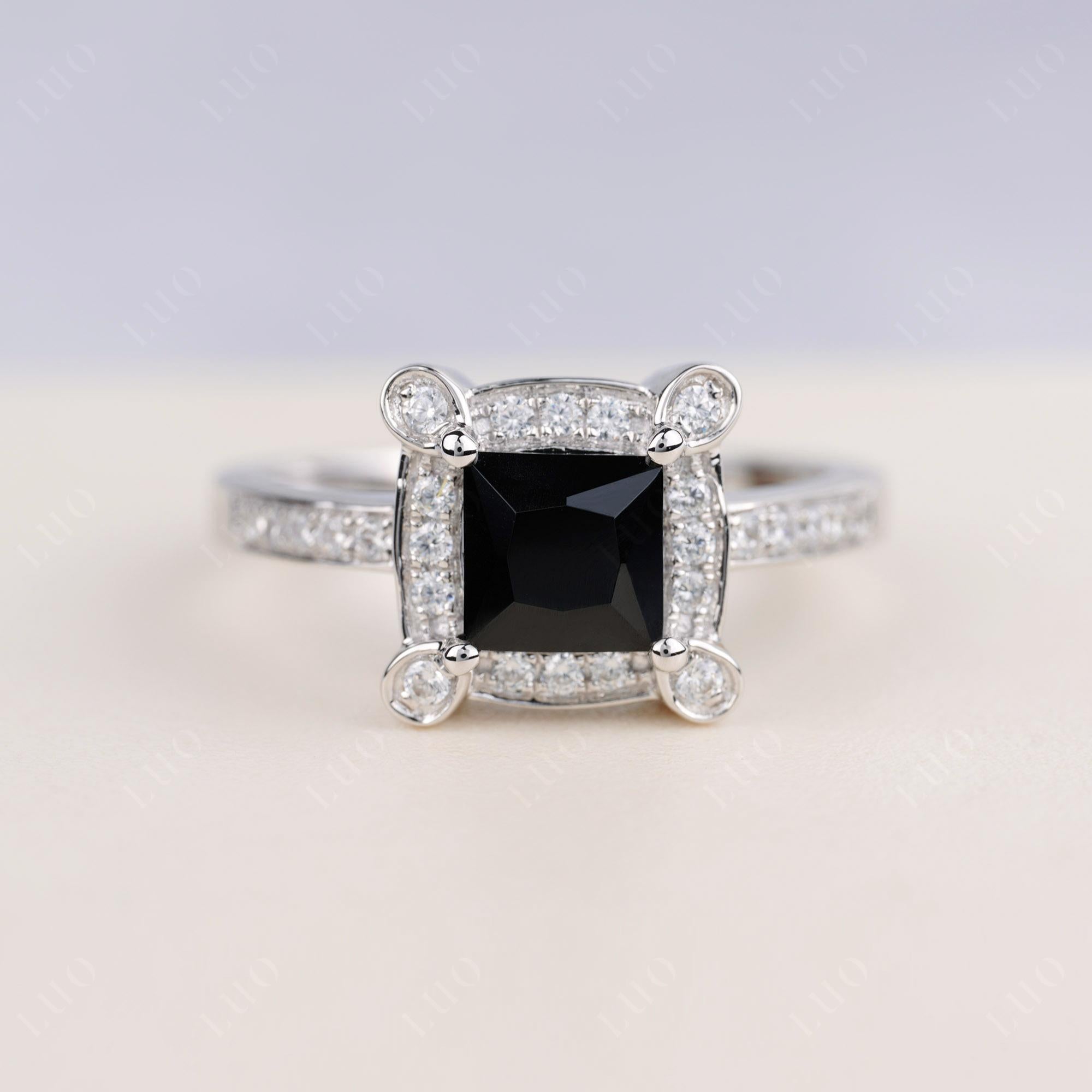 Princess Cut Black Spinel Halo Statement Ring - LUO Jewelry 