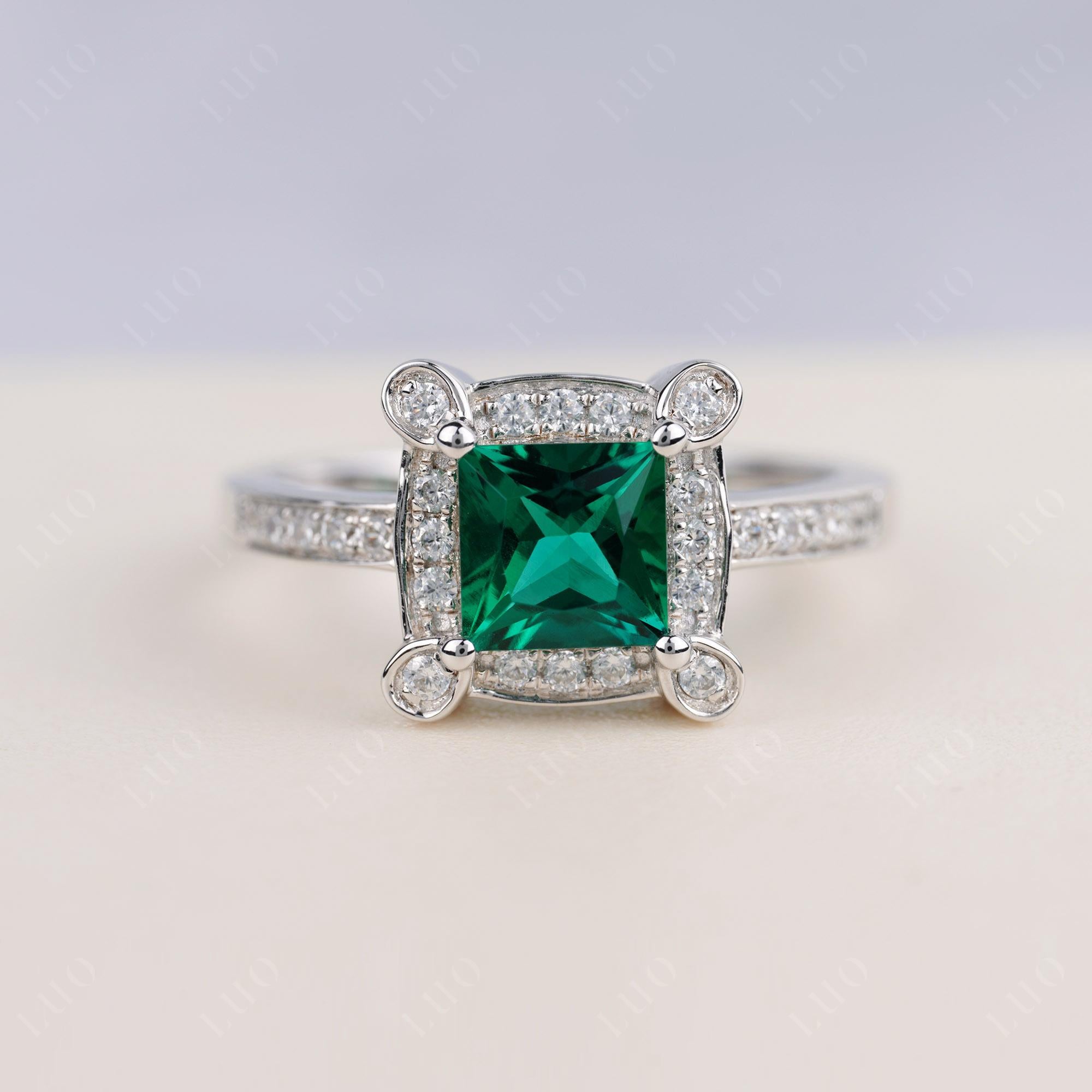 Princess Cut Emerald Halo Statement Ring - LUO Jewelry 